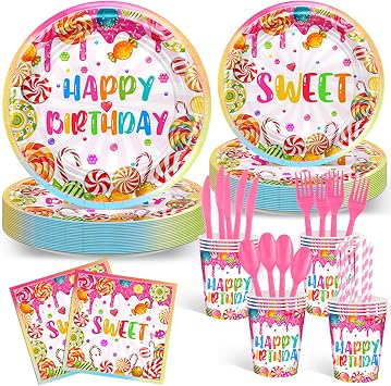 Avezano 192 Pcs Candyland Party Decorations Lollipop Dessert Theme عيد ميلاد الحفلات زينة يمكن التخلص منها Candy Land Tableware Party Supplies Paper Plates Napkins Forks مجموعة لـ 24 ضيفًا