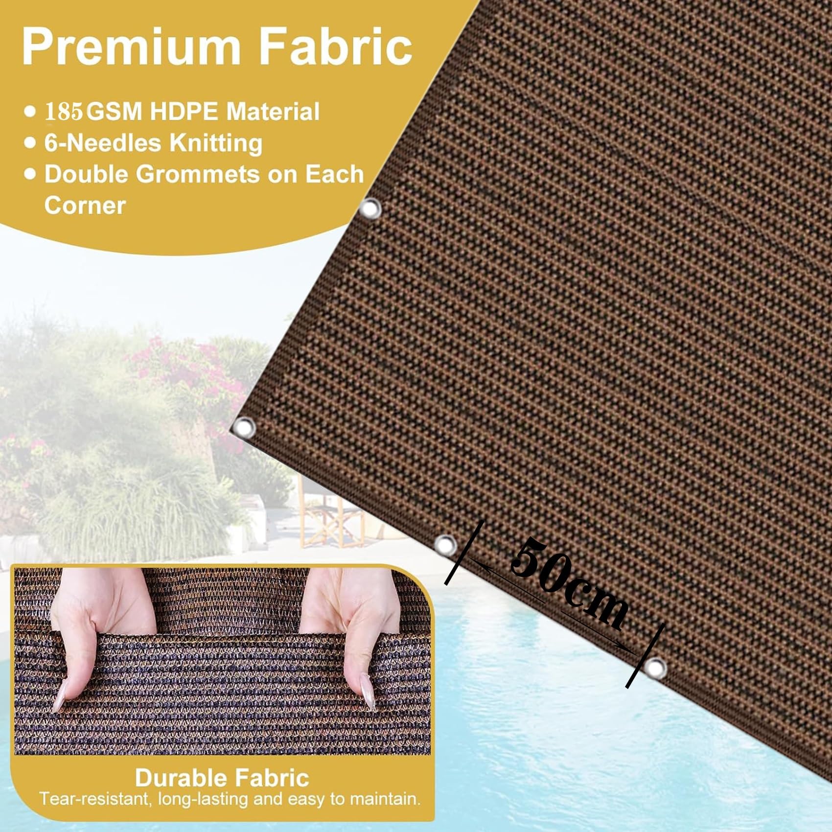 UV-Schutz-Sonnensegel, 50 x 80 cm, atmungsaktives Ripstop-Gewebe für Garten, Terrasse und Außenbereich, einfach zu installieren, wetterbeständig, braunes Vordach für Balkon