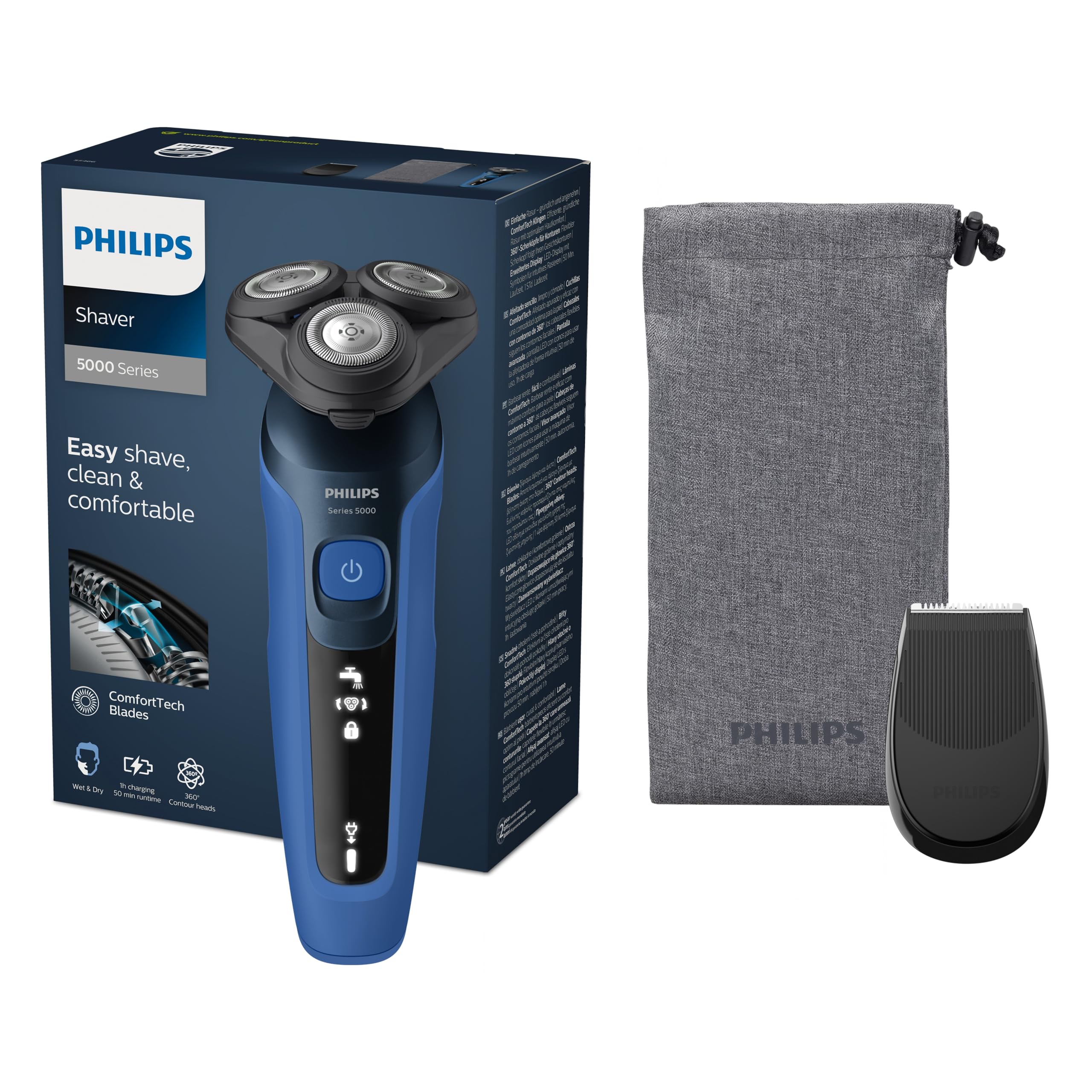 PHILIPS Philips Shaver Series 5000, Wet & Dry Electric Razor, ComfortTech 360° Blades, Contour Heads, Advanced Display, SmartClick Precision Trimmer, S5466/18 For Unisex-Adults