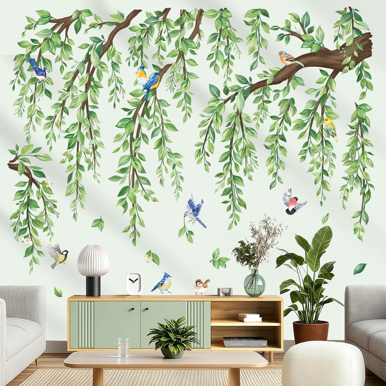 wondever Large Green Tree Branch Wall Stickers Hanging Vine Leaf Peel and Stick Wall Art Decals for Living Room Bedroom Sofa Background