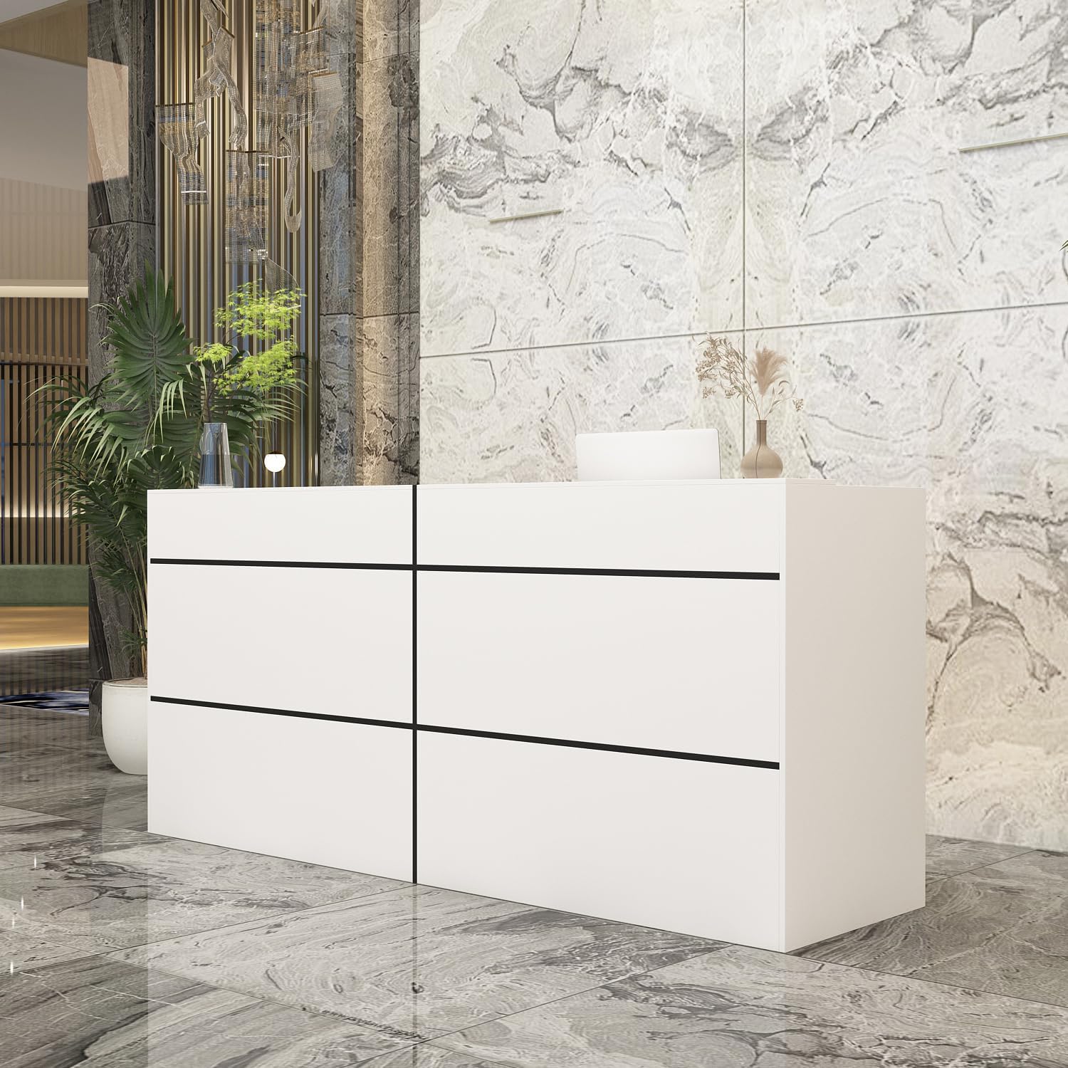 86.8" W Reception Desk with Counter, Modern Large Front Desk with Open Storage Shelves, Checkout Counter for Reception Room, Retail, Salon, White