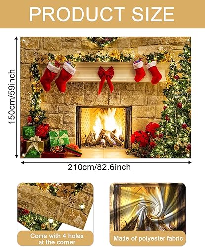 Miniatura 5 de Mocsicka Telón de fondo navideño para chimenea, 7 x 5 pies, color rojo, tela de poliéster, incluye telón