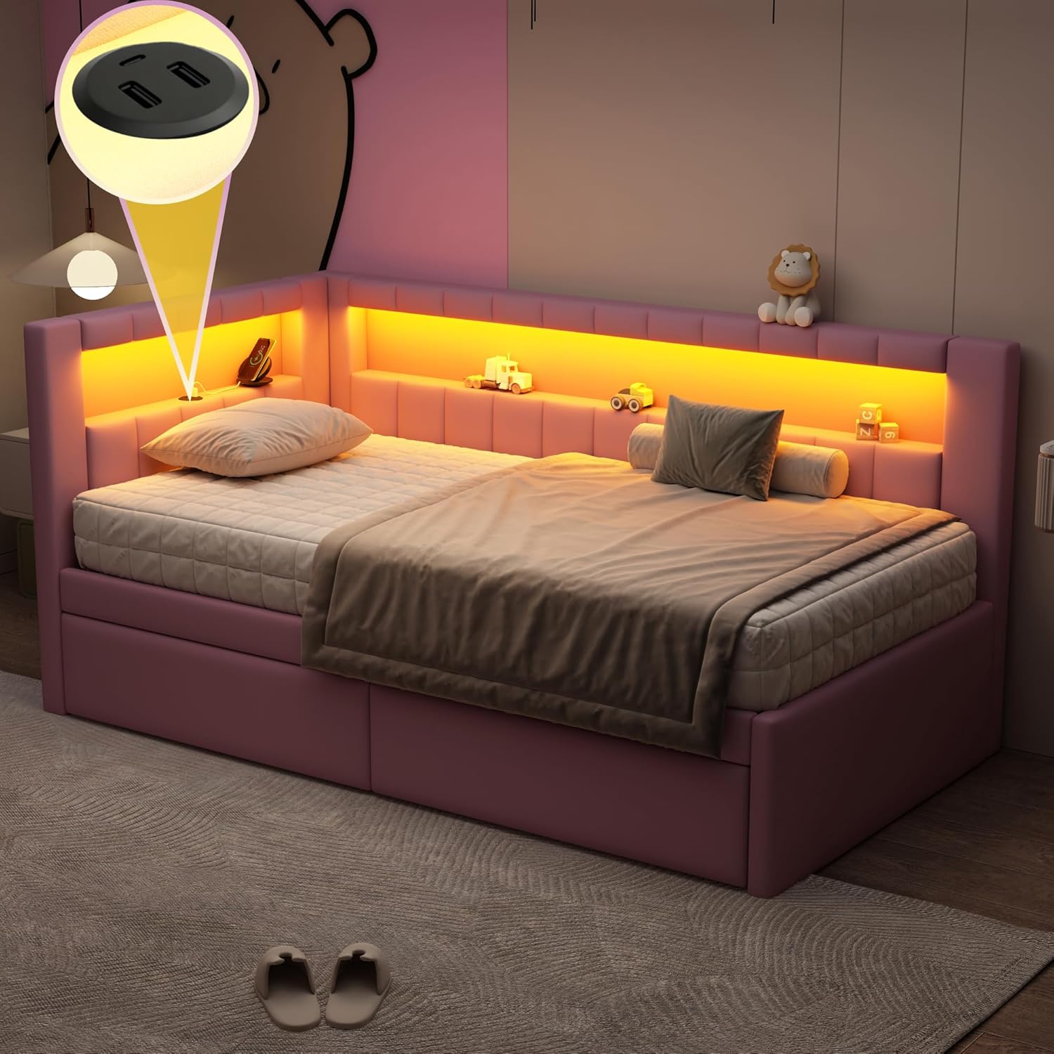 Linique Twin Size Linen Fabric Daybed with LED Lights and USB Ports, L-Shaped Corner Bed Frame with 2 Storage Drawers, Perfect for Guest Rooms, Living Room, Bedroom, Pink