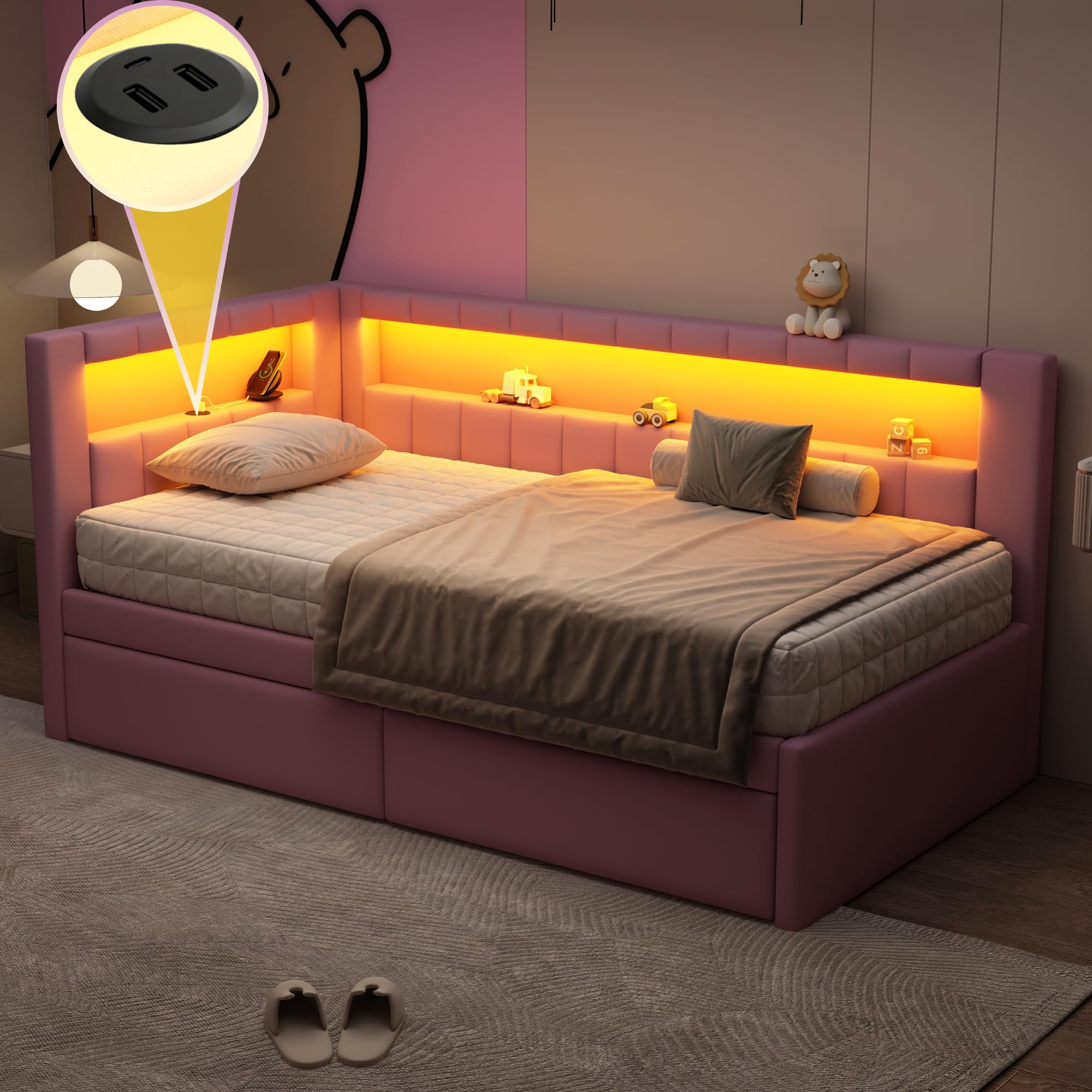 Linique Twin Size Linen Fabric Daybed with LED Lights and USB Ports, L-Shaped Corner Bed Frame with 2 Storage Drawers, Perfect for Guest Rooms, Living