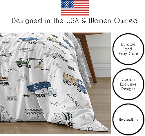 Miniatura 6 de Sweet Jojo Designs Construction Truck Boy - Juego de ropa de cama tamaño matrimonial y Queen para niños, 3 piezas, color gris, amarillo, negro, azul