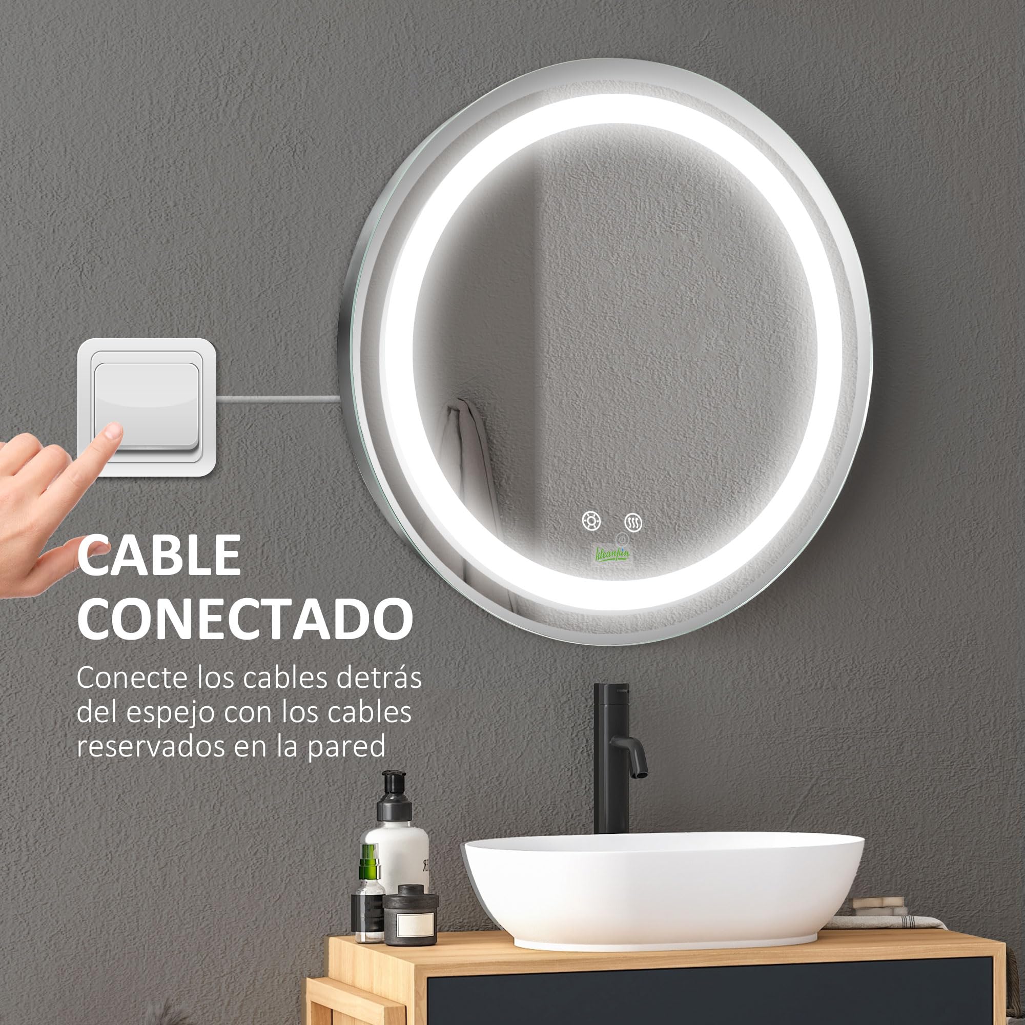 kleankin Espejo de Baño con Luz LED Redondo Ø50x4,6 cm Plata | De Pared, Interruptor Táctil, 3 Luces Ajustables, Función de Memoria, Antivaho, Marco de Aluminio, Pequeño