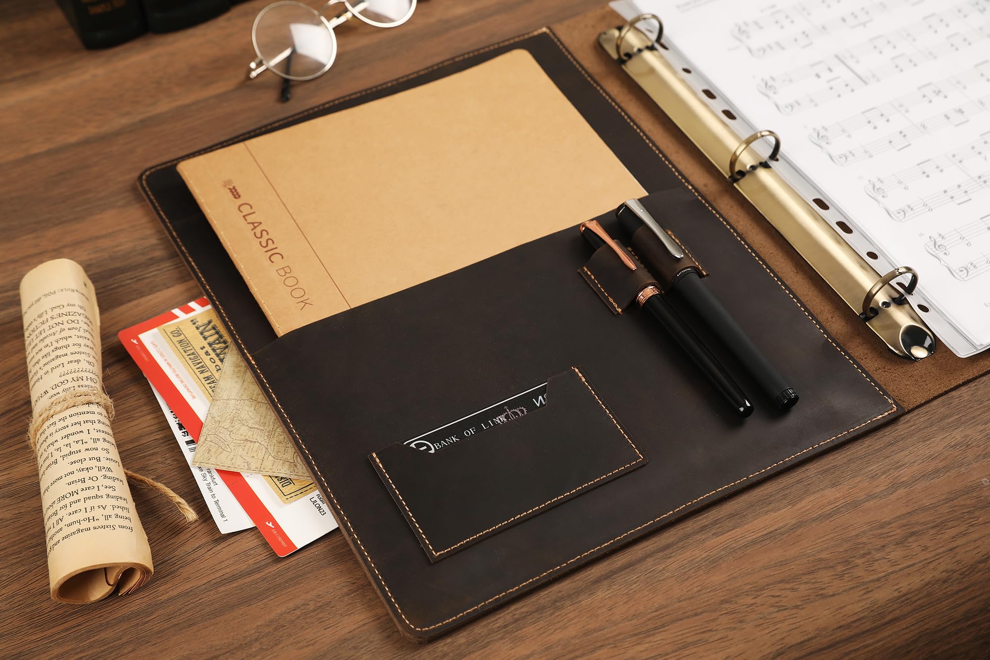 Handgefertigter Notenordner aus Leder, Notenhefter, personalisierter Notenhalter, Lederbinder mit 3 Ringen für 21,6 x 28,9 cm Notenblätter mit transparentem Blattschutz, dunkles Kahki