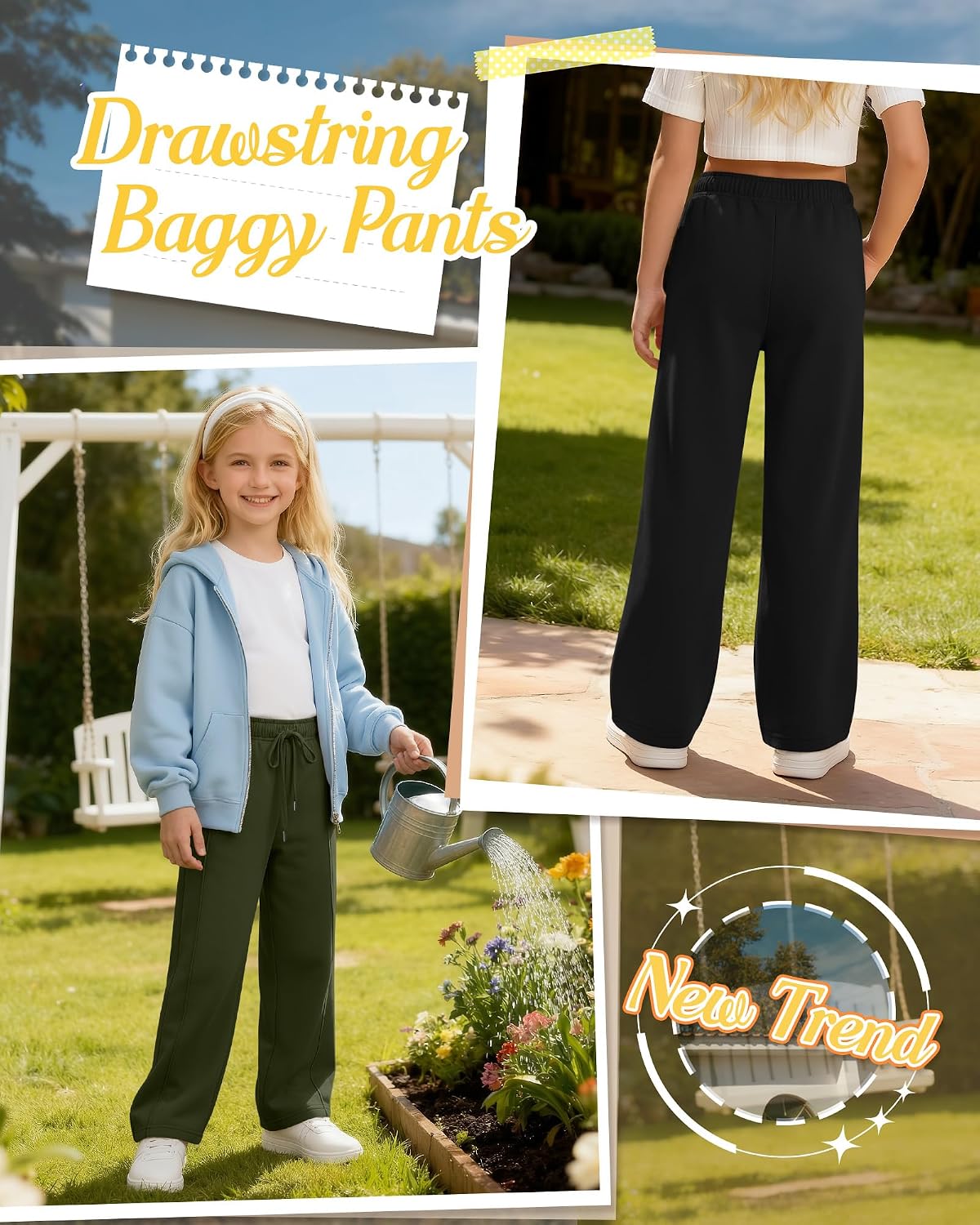 3 Pack Girls' Sweatpants Double Side Seams Straight Leg Pants Teen Open Bottom Wide Leg Loose Joggers with Pockets