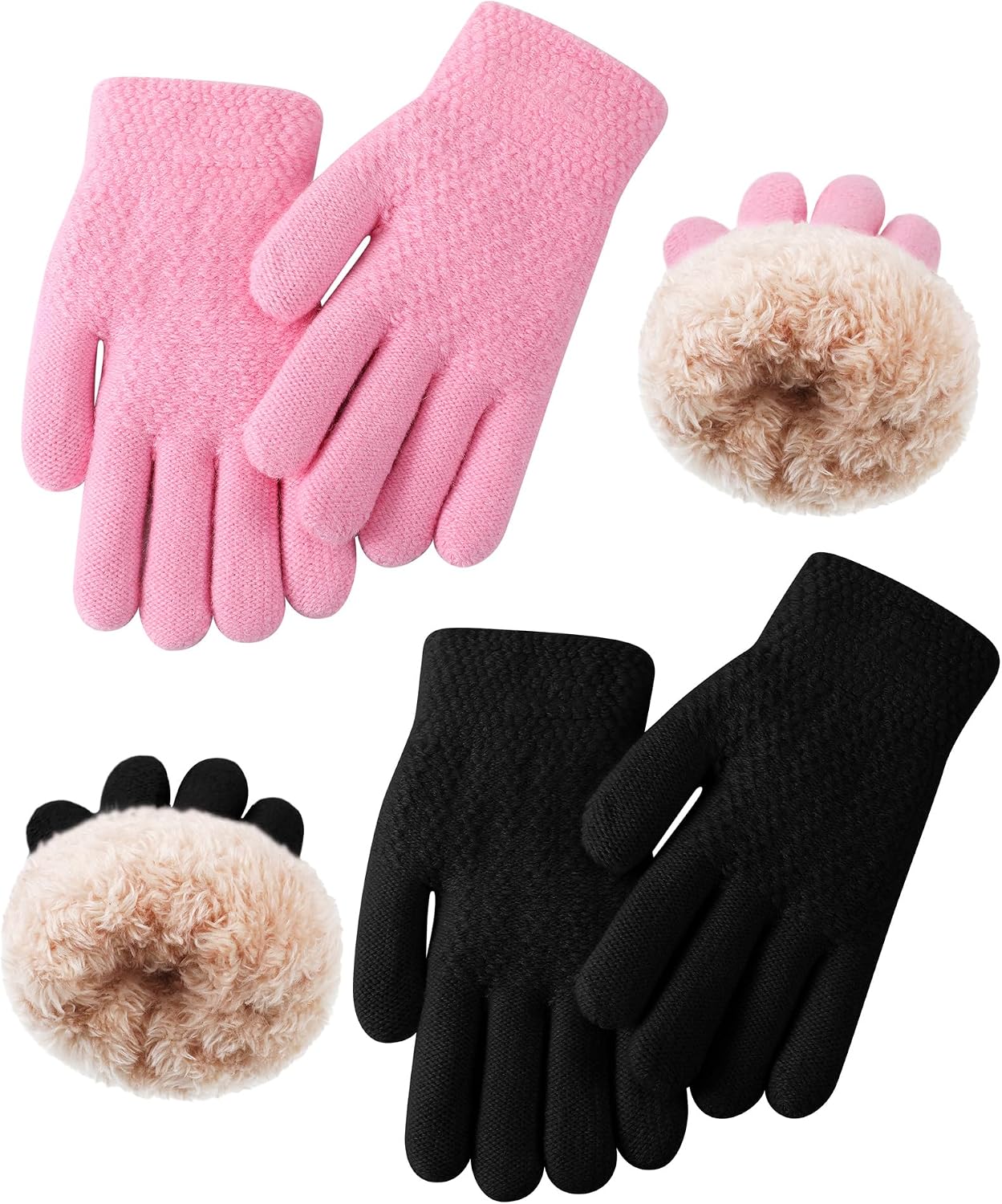 Chuarry 2 Pairs Kids Fleece Lined Gloves Winter Thick Warm Thermal Cable Knit Gloves for 6-10 Years Boys Girls