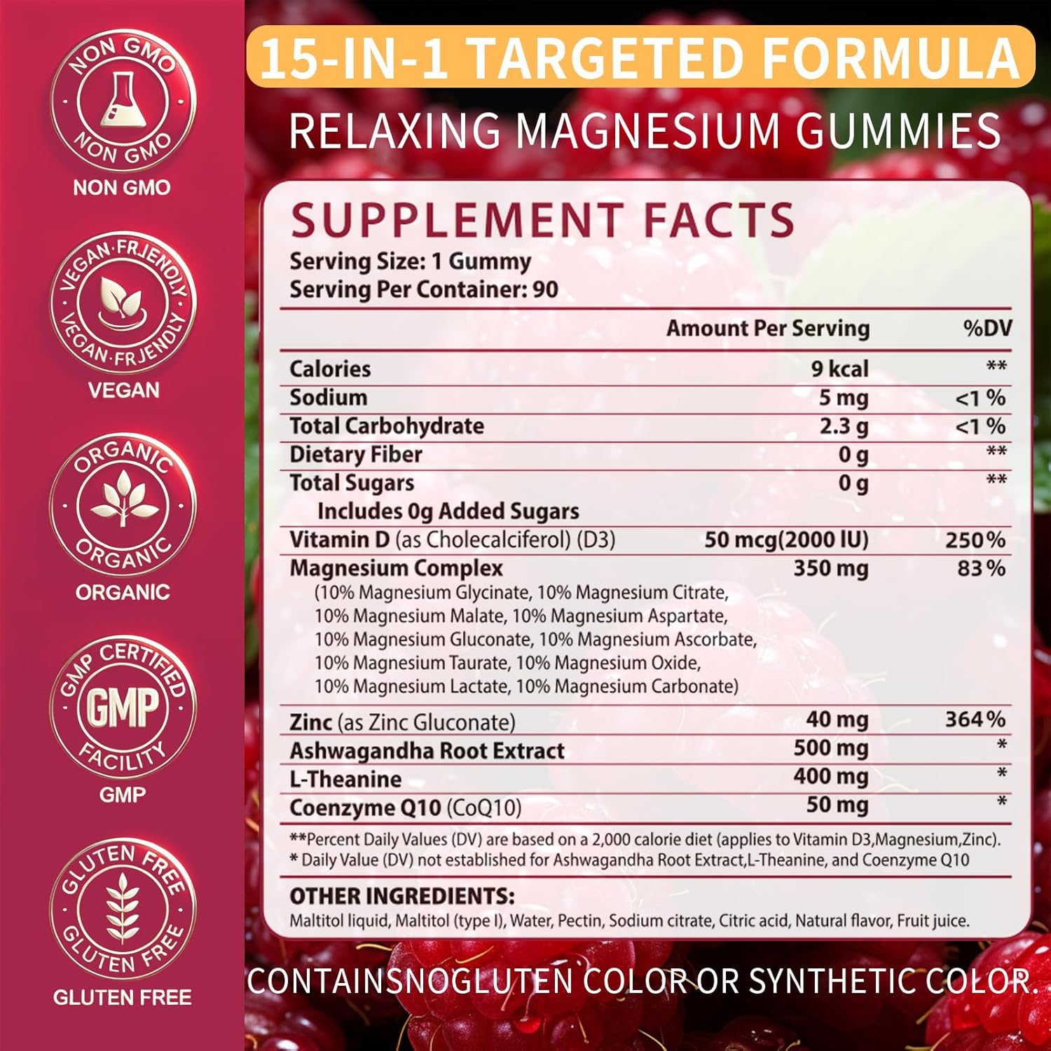 15-in-1 Magnesium Complex Gummies 350 mg/Serv with Ashwagandha Root,Vitamin D3,L-Theanine,Zinc Gluconate,CoQ10, Stress Relief Glycinate Gummy, Sugar Free Chews Supplement for Adults Sleep (Raspberry)