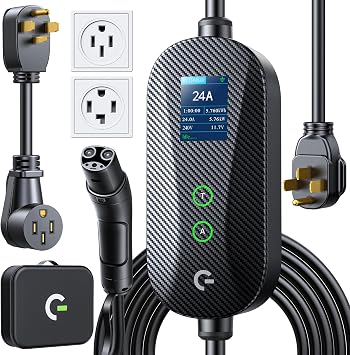 Carbon Fiber Level 2 Tesla Charger, 24A Adjustable Current/Timer/Smart Display, NEMA 14-30 Dryer Outlet & 14-50 Plug, 21FT Tesla Charging Cable, NACS Connector for All Tesla Models/Cybertruck