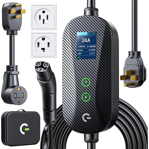Carbon Fiber Level 2 Tesla Charger, 24A Adjustable Current/Timer/Smart Display, NEMA 14-30 Dryer Outlet & 14-50 Plug, 21FT Tesla Charging Cable, NACS Connector for All Tesla Models/Cybertruck