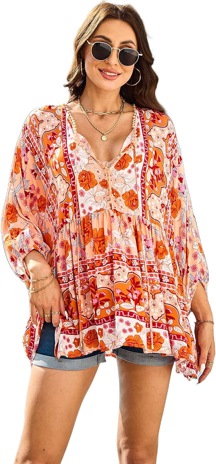 HECCPLI Women Boho V-Neck 3/4 Sleeves Tunic Top Relaxed Fit Casual Print Blouse