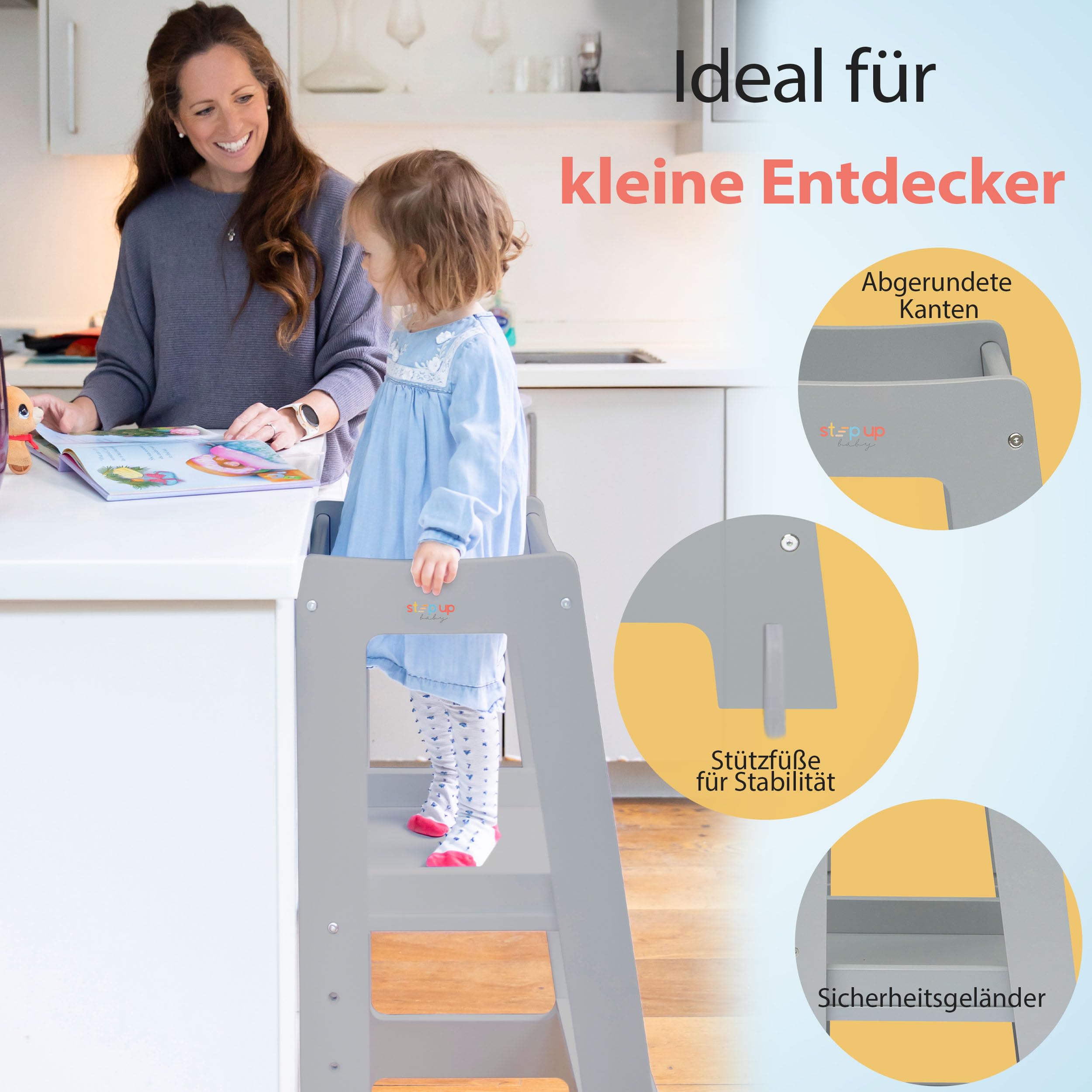 Stepup Baby Montessori Lernturm Tritthocker | Hochstuhl | Höhenverstellbar | Küchenhelfer | Sicherheitsgeländer | Für Kinder von 18 Monaten bis 5 Jahren - Grau