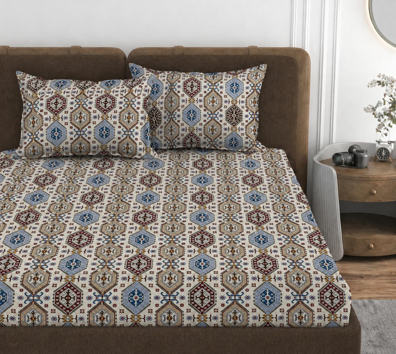 VOMZER 320 TC Cotton Feel All Around Elastic Fitted Bedsheets King Size, Premium Fitted Bedsheets King Size for Double Bed with 2 Pillow Covers, Size- 78” x 72” (Desert Mosaic)