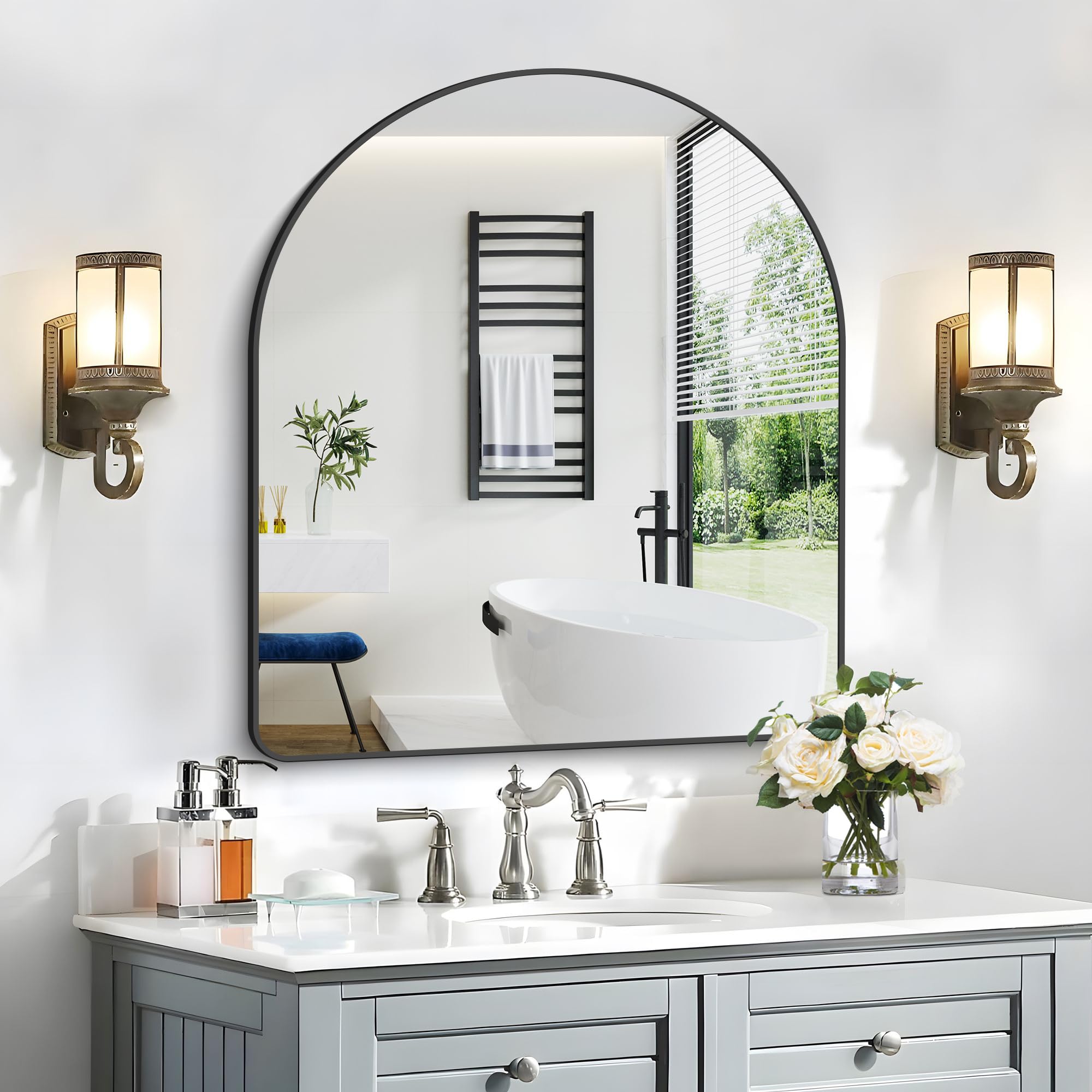 Arched Mirror 36x40 Inch, Black Arched Mirror Wall Mounted Modern Black Aluminum Frame Decor Large Dresser Mirror for Bedroom Living Room Entryway, Hanging or Leaning Against Wall