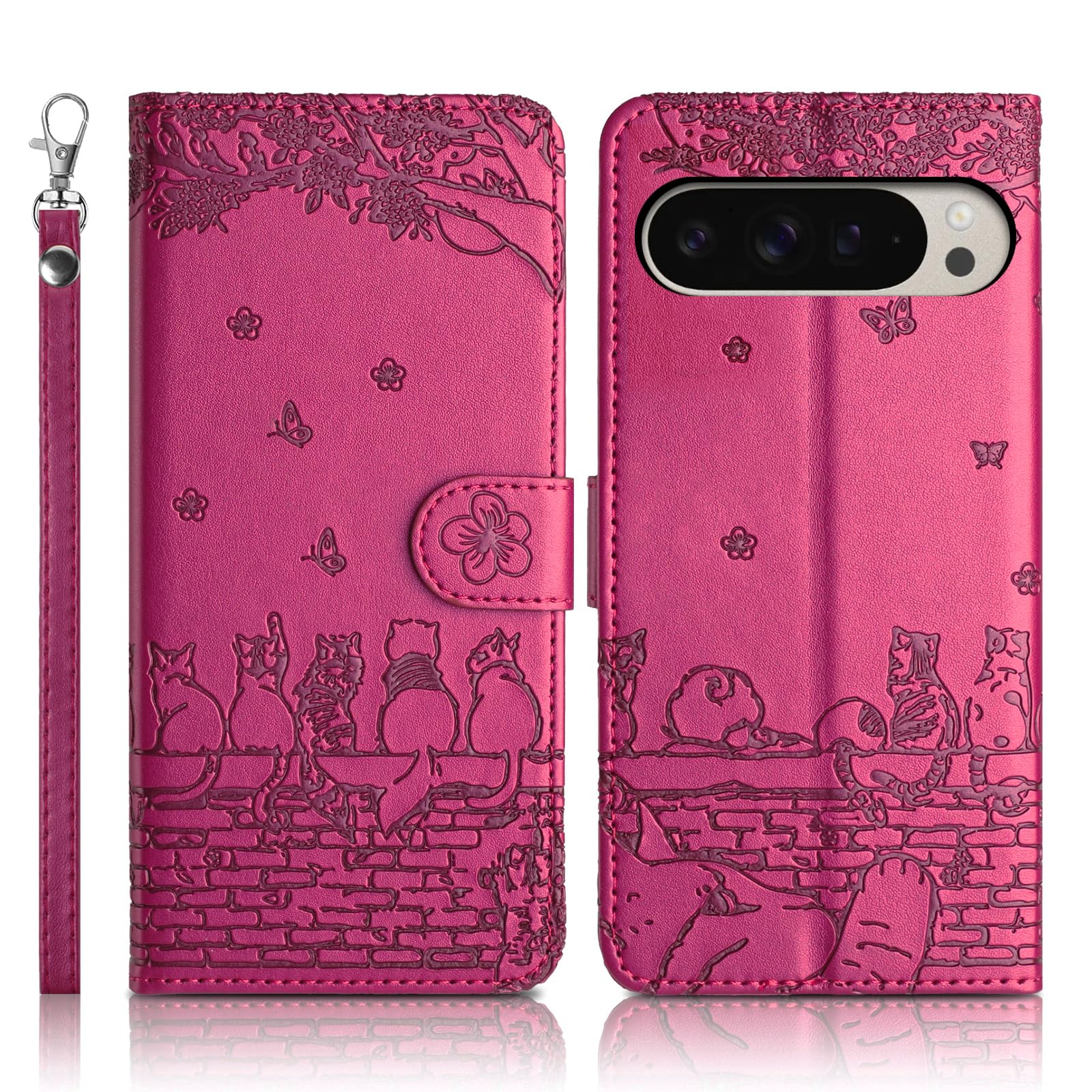 Succtopy Cover per Google Pixel 9 Pro XL 5G Flip Caso in PU Pelle Premium Portafoglio Custodia [Protezione Completa] [Slot Scheda] [Kickstand] Rosa Rossa