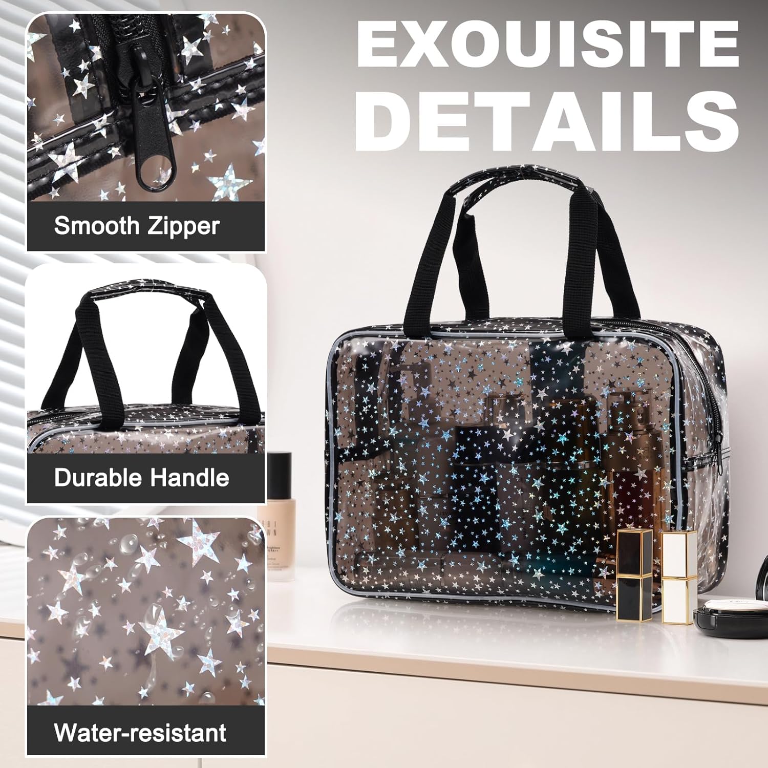 PVC Clear Makeup Bag for Women Waterproof Star Make Up Bag Toiletry Bag Travel Durable Cosmetic Bag Large Cute Tote Bag Organizer Makeup Pouch, Black - Image 7