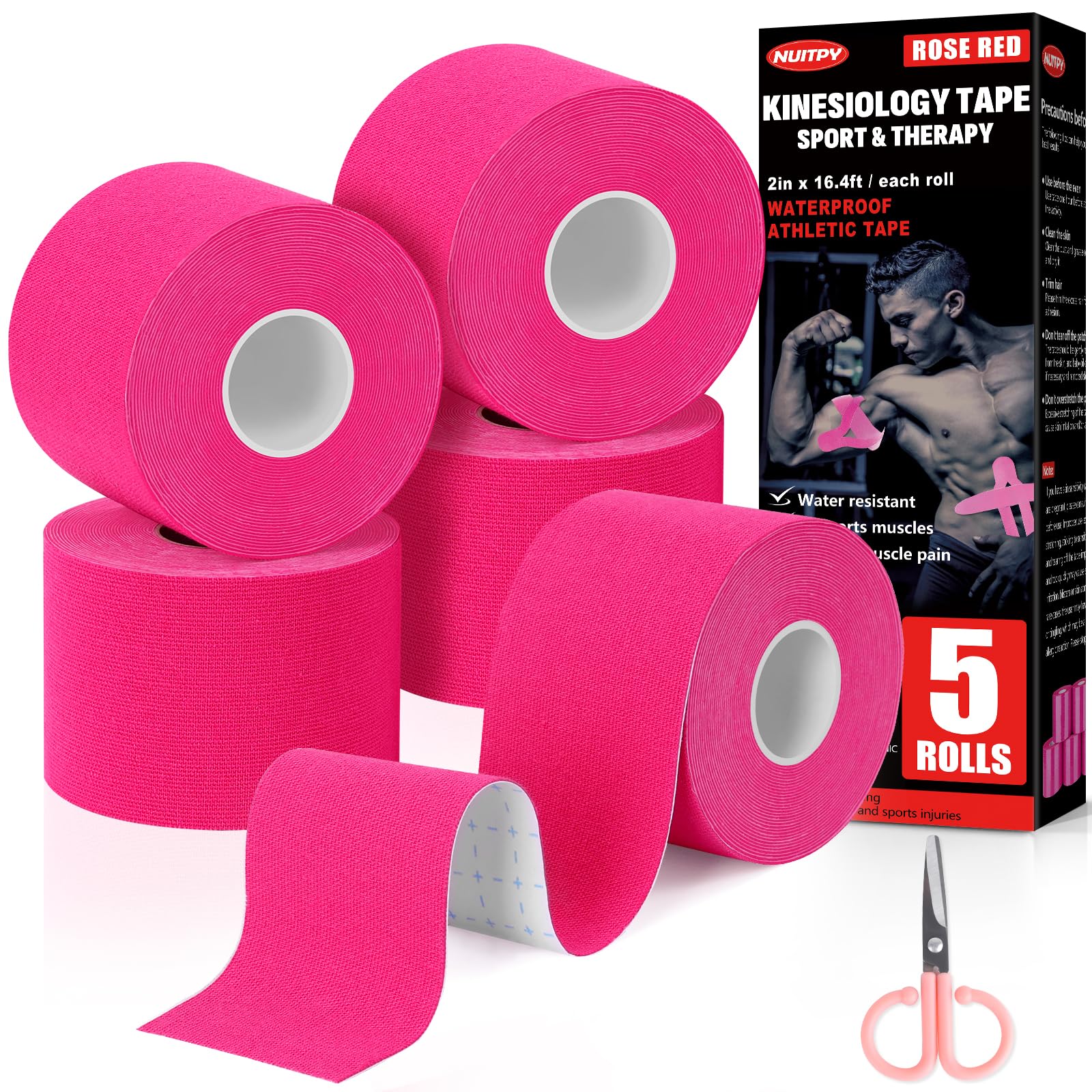 5 Rolls Rose Red Kinesiology Tape, 2 inch x 16.4 Feet Kinetic Tape