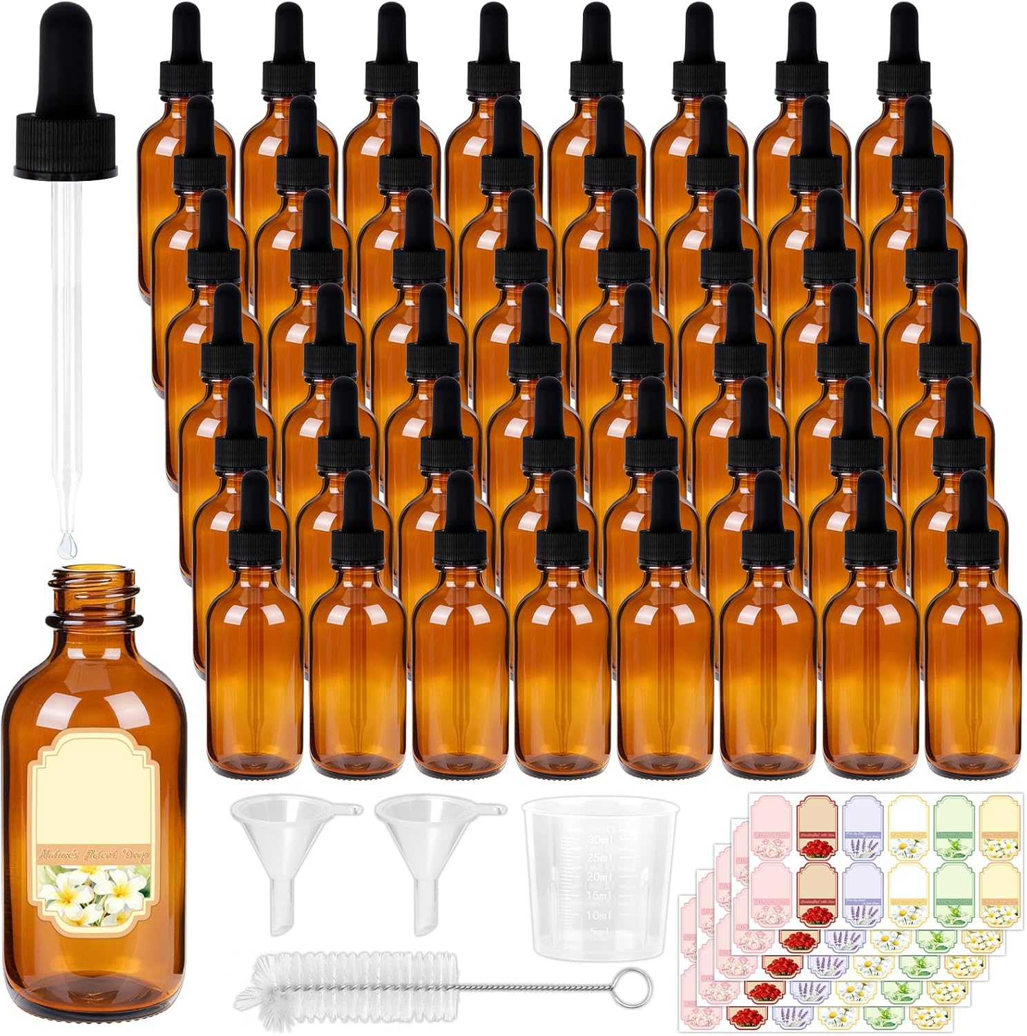 STAERSIDE 48-Pack 2 oz Amber Glass Dropper Bottles, Leakproof & Durable for Essential Oils & Craft Use, Complete Kit with Funnel, Brush, Labels, Extra Droppers & Measuring Cup