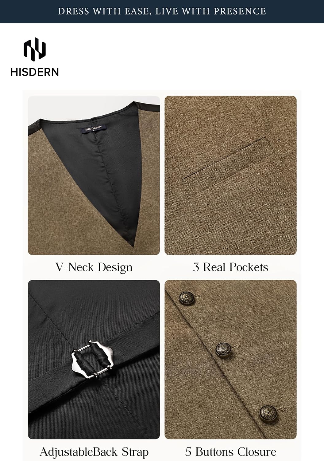HISDERN 315 Men's Suit Vest Vintage Tuxedo Vests for Men Business Formal Dress Suit Prom Waistcoat with 3 Pocket