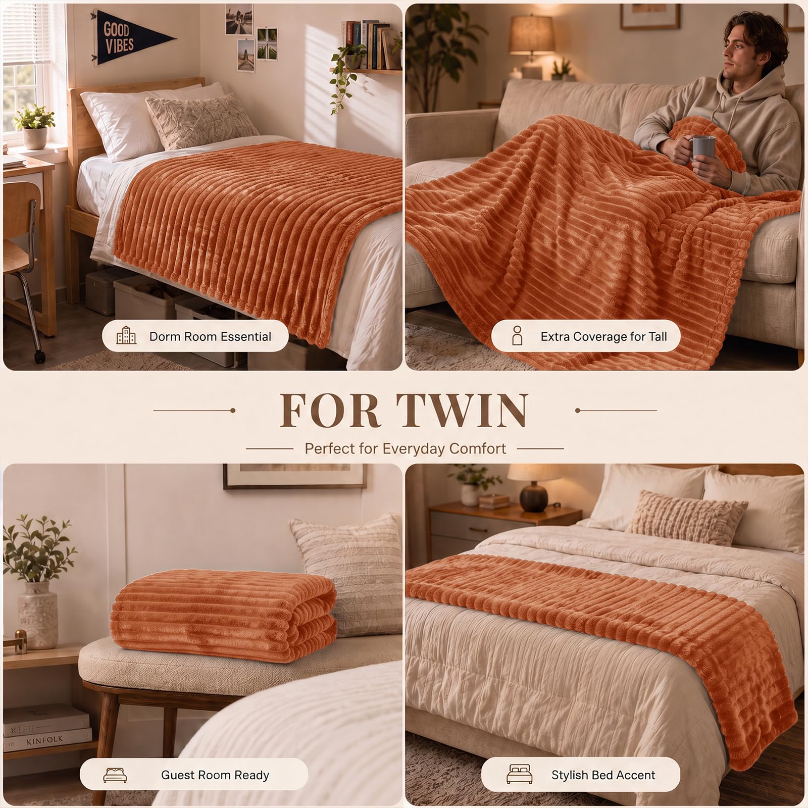 HIMEET Burnt Orange Twin Blanket for Bed, 300GSM Ribbed Fleece, 60 x 80 in view 4