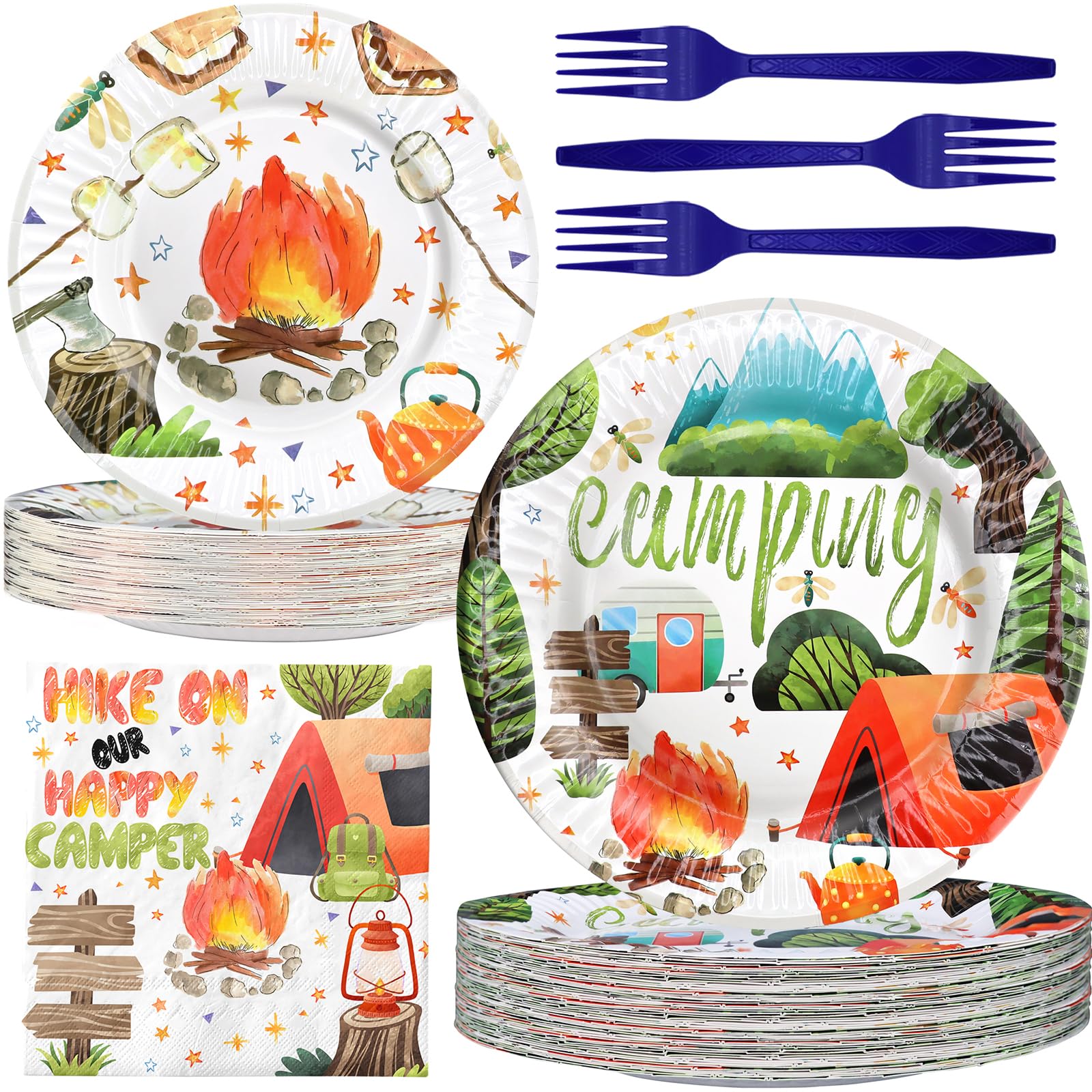 Camping Party Decorations - Camping Themed Paper Plates and Napkins for Kids Birthday Party, Serves 20 Guests