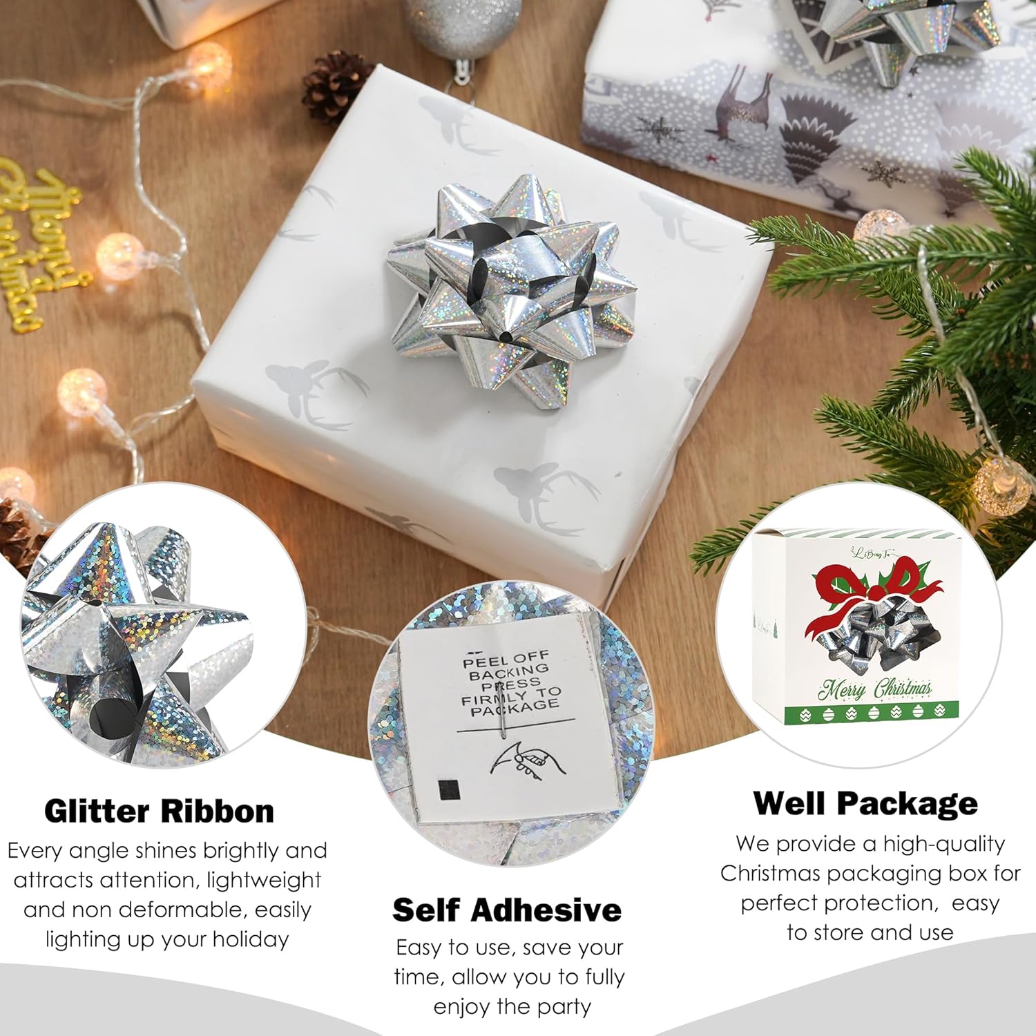 4.5'' Silver Christmas Gift Bow Set of 12 Self Adhesive Metallic Gift Bow, Premade Ribbon Bows, Wrapping Bows for Presents, Christmas Bows for Decorations, Wedding, Baby Shower, Holiday - Image 3