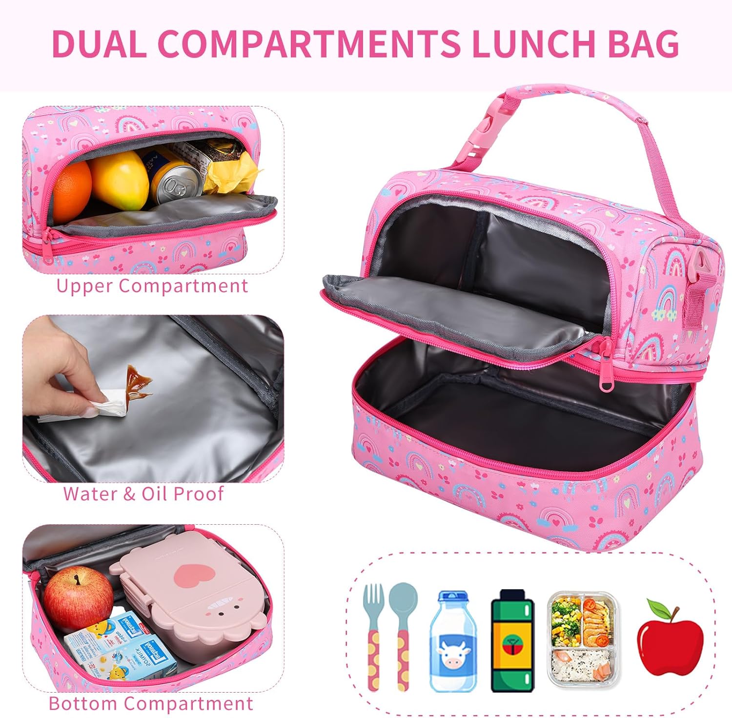 Chase Chic Lunch Bag for Girls, Insulated Reusable Large Cute Dual Lunch Bag Box Container for Kids Toddler School Daycare Pink Rainbow - Image 4