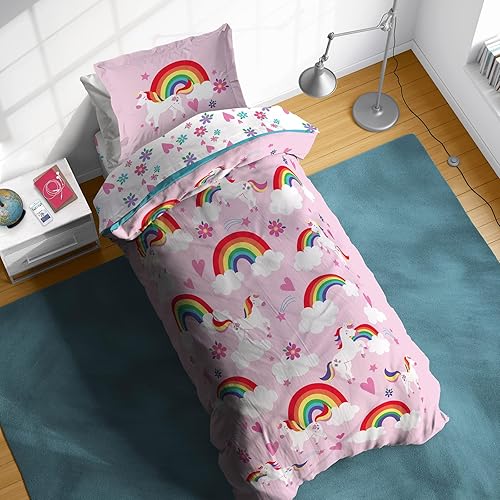 Sunny Side Up Juego de edredón tamaño individual de unicornios arcoíris, ropa de cama infantil de 5 piezas, incluye edredón, sábanas y funda de