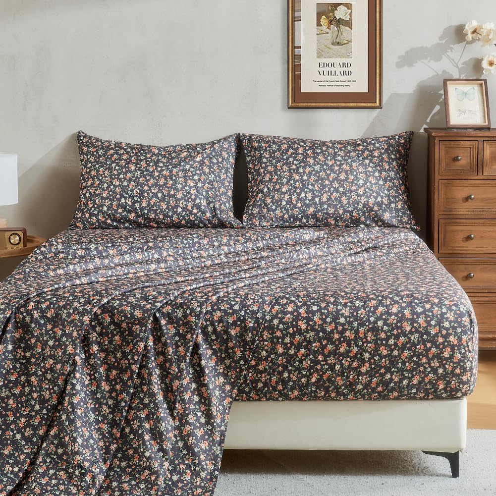 HYPREST Grey Black Sheets King,Deep Pocket Sheets, 1800 Thread Count Pattrn Bed Sheets Soft Breathable Cute Printed Boho Farmhouse Bed Sheets, Oeko-Tex Certificated- Up to 18 Inch