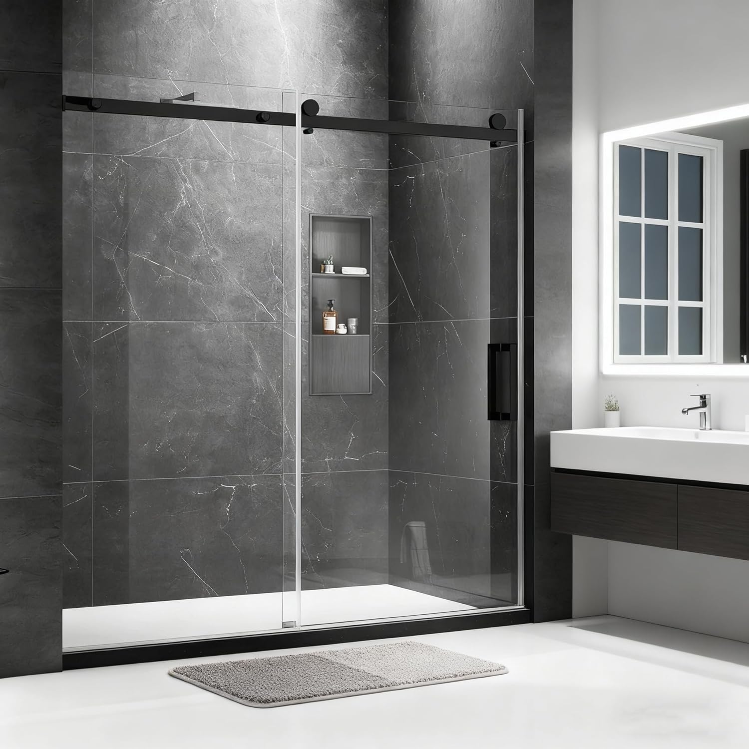 Shower Door,54" W x 74" H Frameless Shower Door with 1 Handle, Shower Glass Door with Premium 5/16"（8mm） Thick Tempered Glass, Stainless Steel, Matte Black
