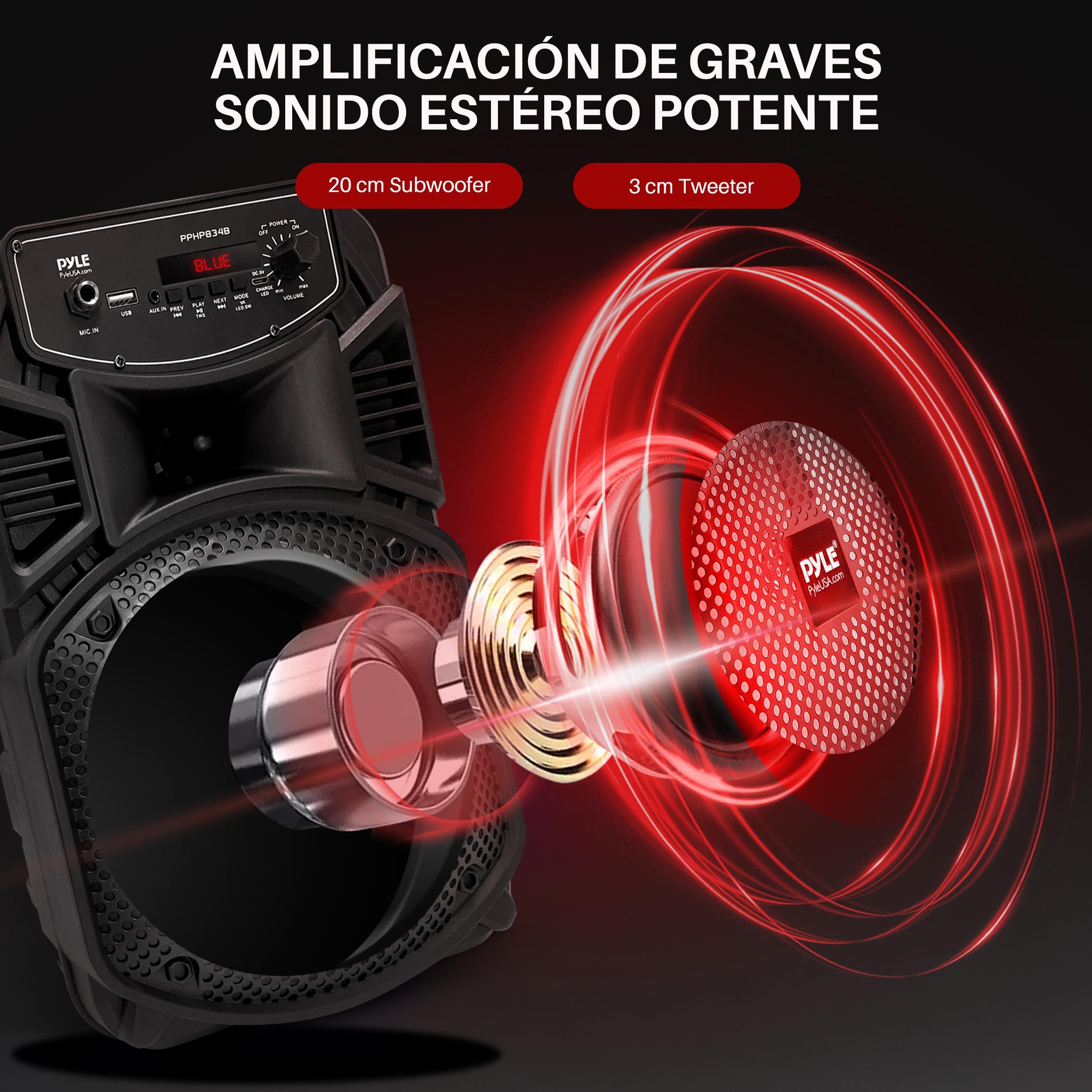 Pyle Sistema de Altavoces, PA, 300W, Bluetooth, portatil, Recargable, Exteriores, subwoofer de 8”, Tweeter de 1”, función de grabación, micrófono, Luces de Fiesta, Radio USB/SD, Color Negro