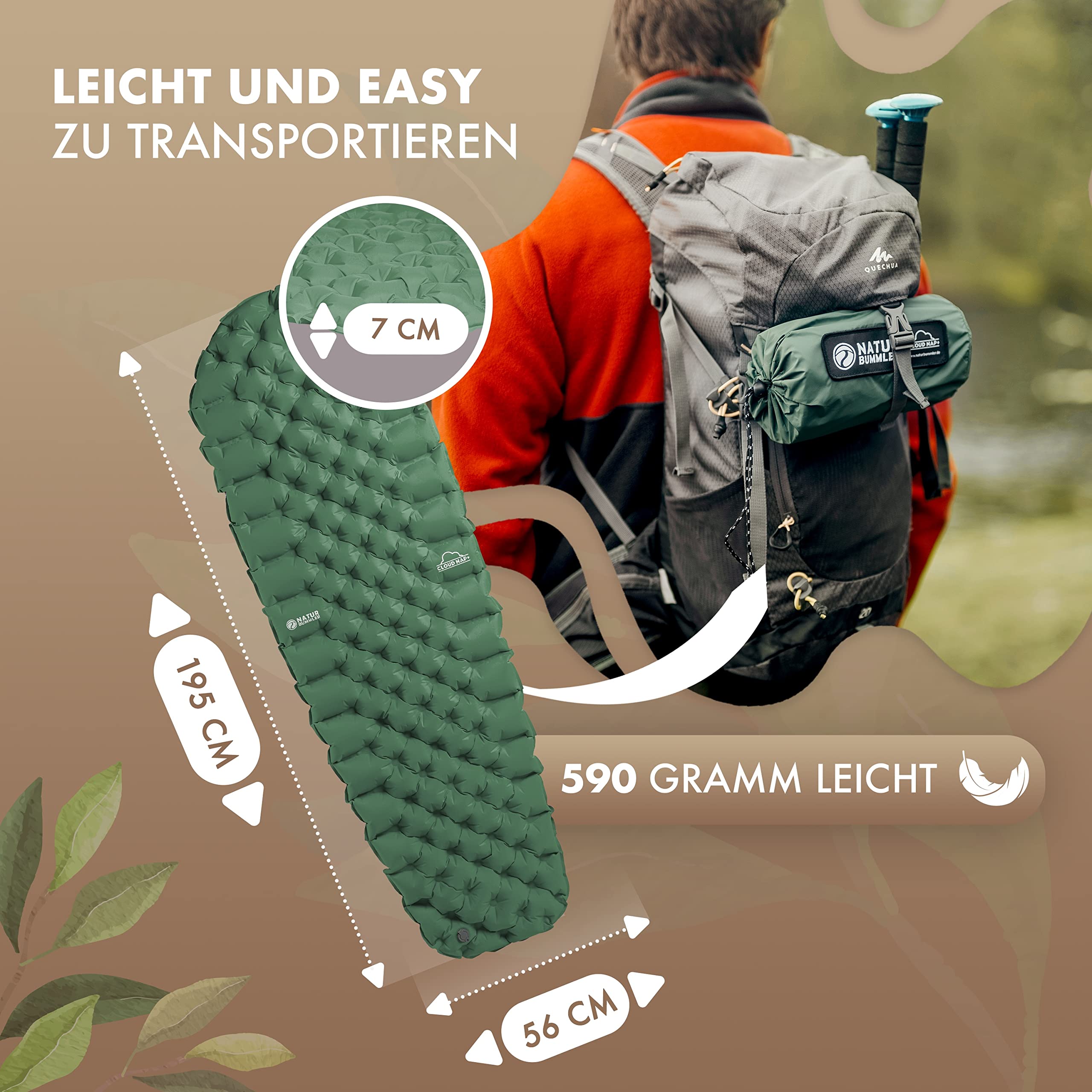 NATURBUMMLER® Isomatte Ultraleicht [590g] Aufblasbare Luftmatratze Camping (195x56cm) – wetterfest & faltbar – für Trekking Wandern Festival Reisen