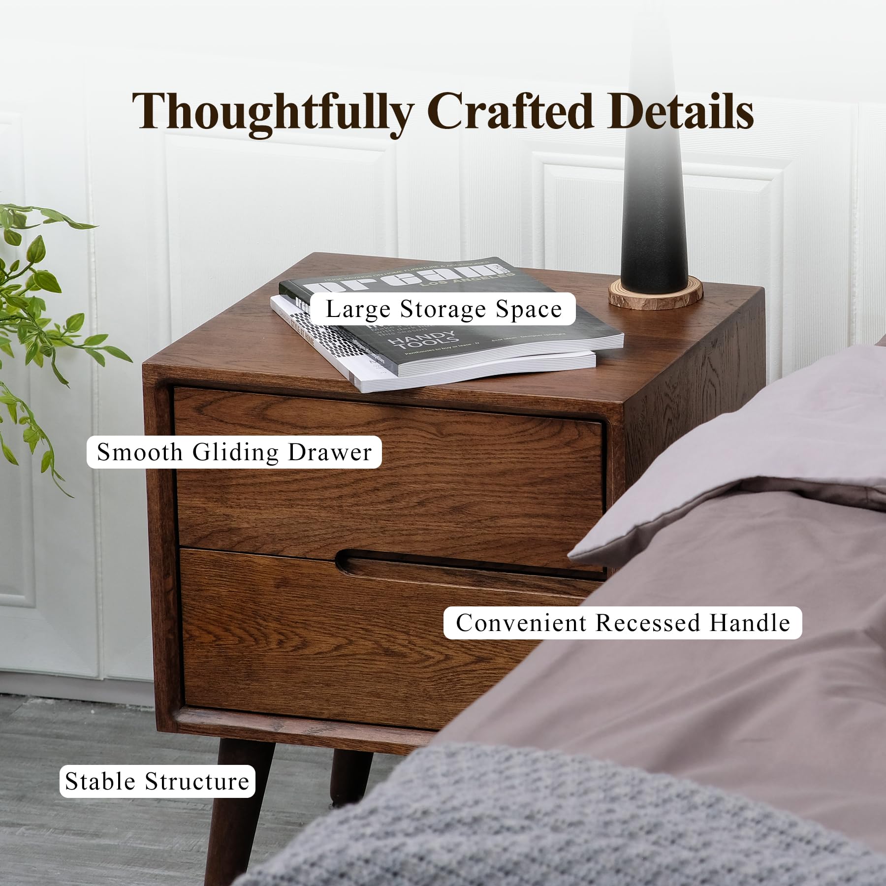 Cttasty Nightstand, Solid Wood Small End Table w/2 Drawers, Modern Bedside Tables, Mid Century Night Stand, Bed Side Table, 15.75" L x 13.78" W x 18.5" H, Handle on The Right, Walnut