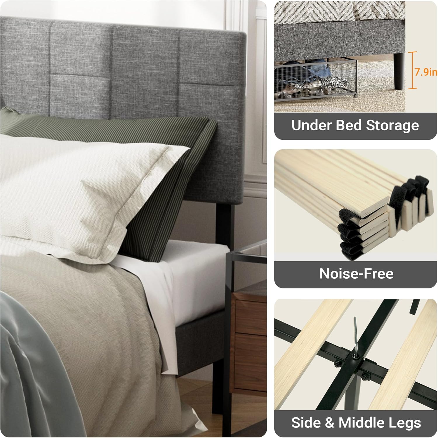 Image showing under-bed storage space, noise-free slats, and sturdy side and middle legs of the bed frame.