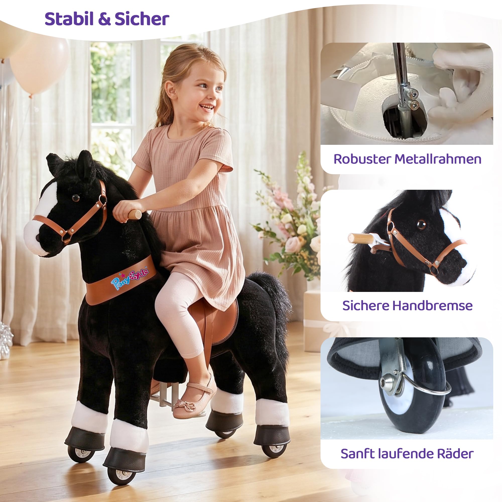 PonyCycle® Reitpferd auf Rollen | für Kinder 4–7 Jahre, 89cm | Schwarzes Plüsch Reitpferd mit Handbremse & Klang | Schaukelpferd, Stehpferd, Indoor & Outdoor | Klassisches Modell U – Ux426