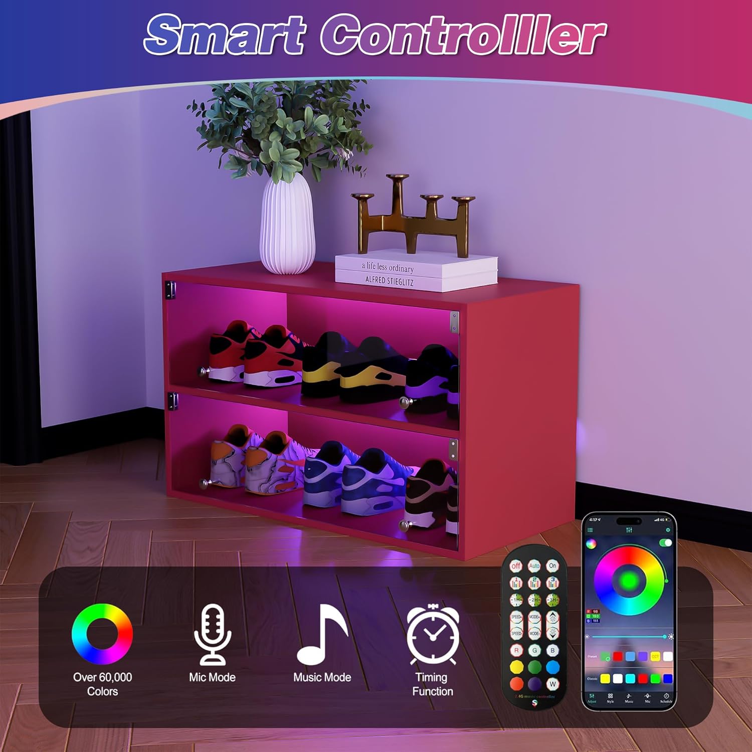 Wooden Shoe Storage Box, 2 Layers Shoe Organizer Storage Box with Glass Door, RGB Led Light and APP Control for Up to 6 Pairs of Shoes, Shoe Storage Bin for Display Sneakers, Red