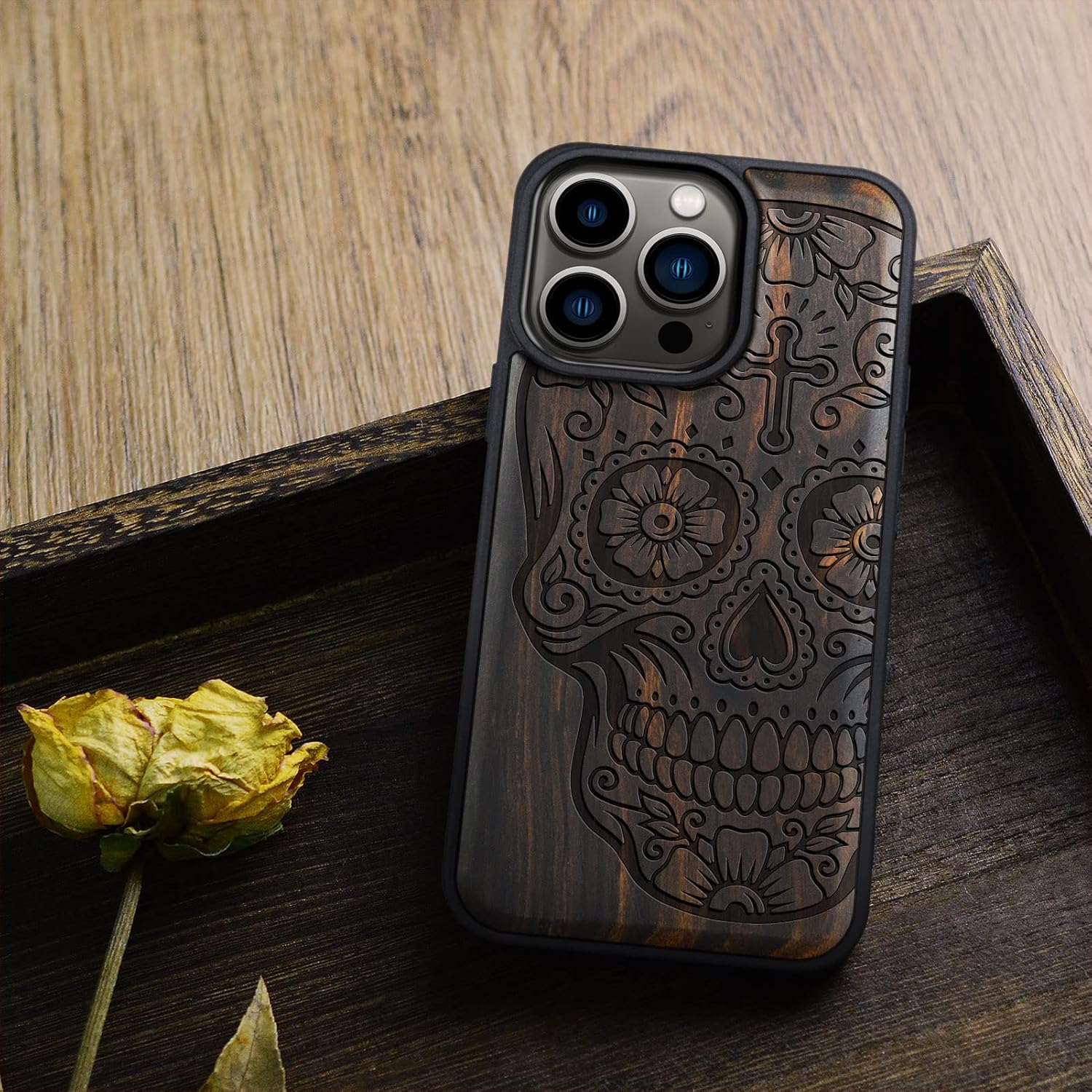 Carveit Magnetic Wood Case for iPhone 14 Pro Case [Natural Wood & Black Soft TPU] Unique & Classy Wooden Shockproof Protective Cover Compatible with magsafe (Sugar Skull -Blackwood)