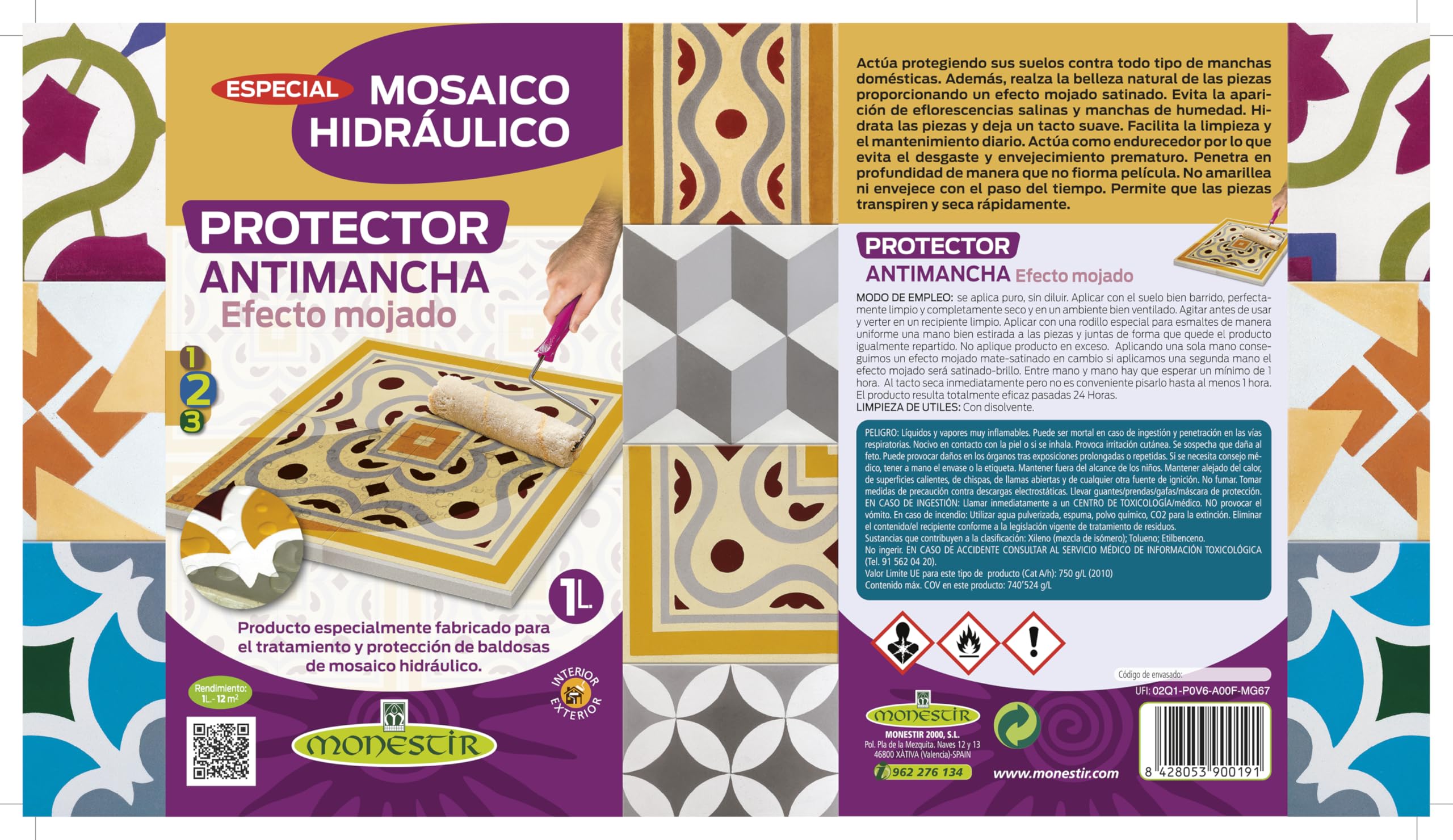 MONESTIR Protector Antimancha Efecto Mojado, Especial Mosaico Hidráulico 1L MONESTIR (Paquete de 2)