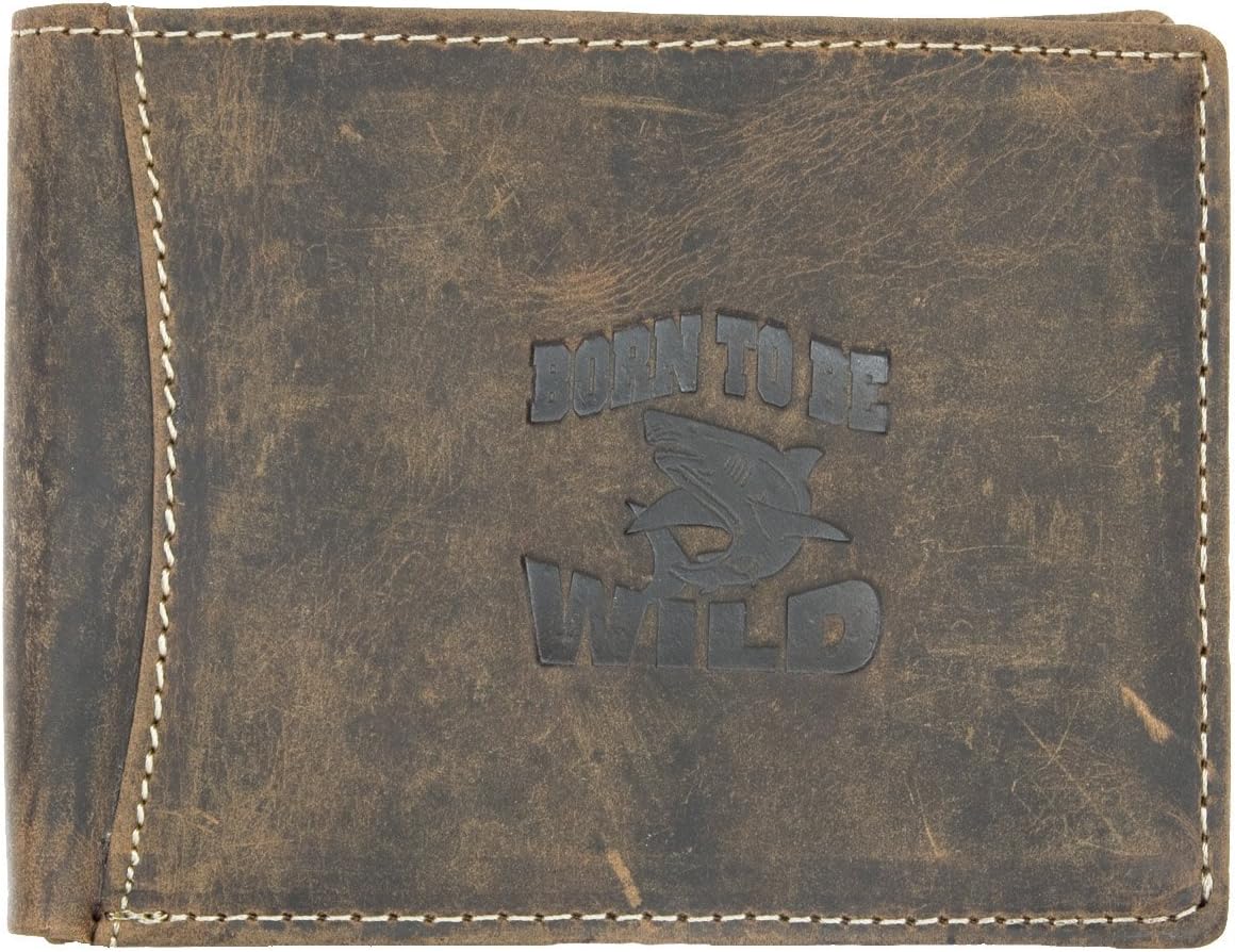 Always Wild Men's Hunter Style Genuine Leather Wallet With Shark One Size Tan