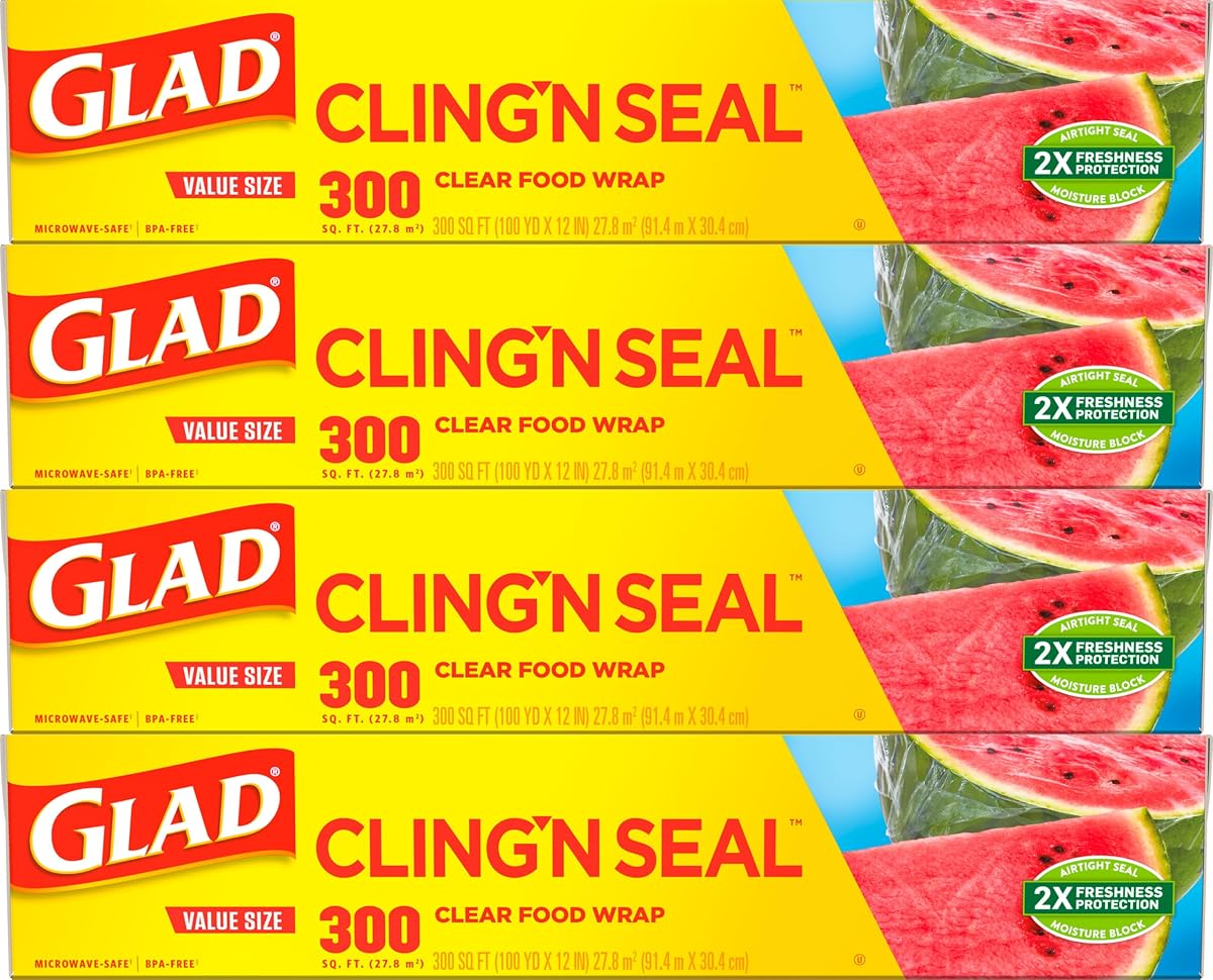 Glad Cling N Seal Envoltura de plástico para alimentos, sello hermético, rollo de 300 pies cuadrados (paquete de 4)