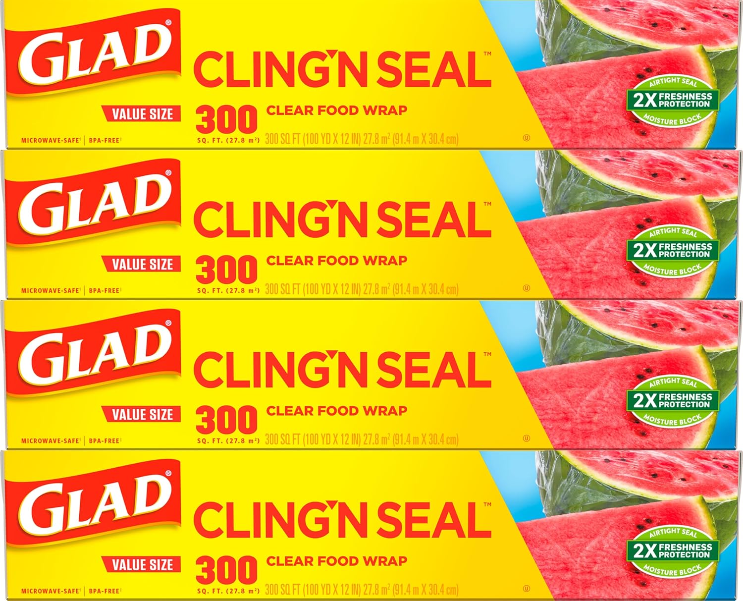 Glad Cling N Seal Plastic Wrap for Food, Airtight Seal, 300 Square Foot Roll (Pack of 4) GreenCircle Certified: Certified Environmental Facts Label
