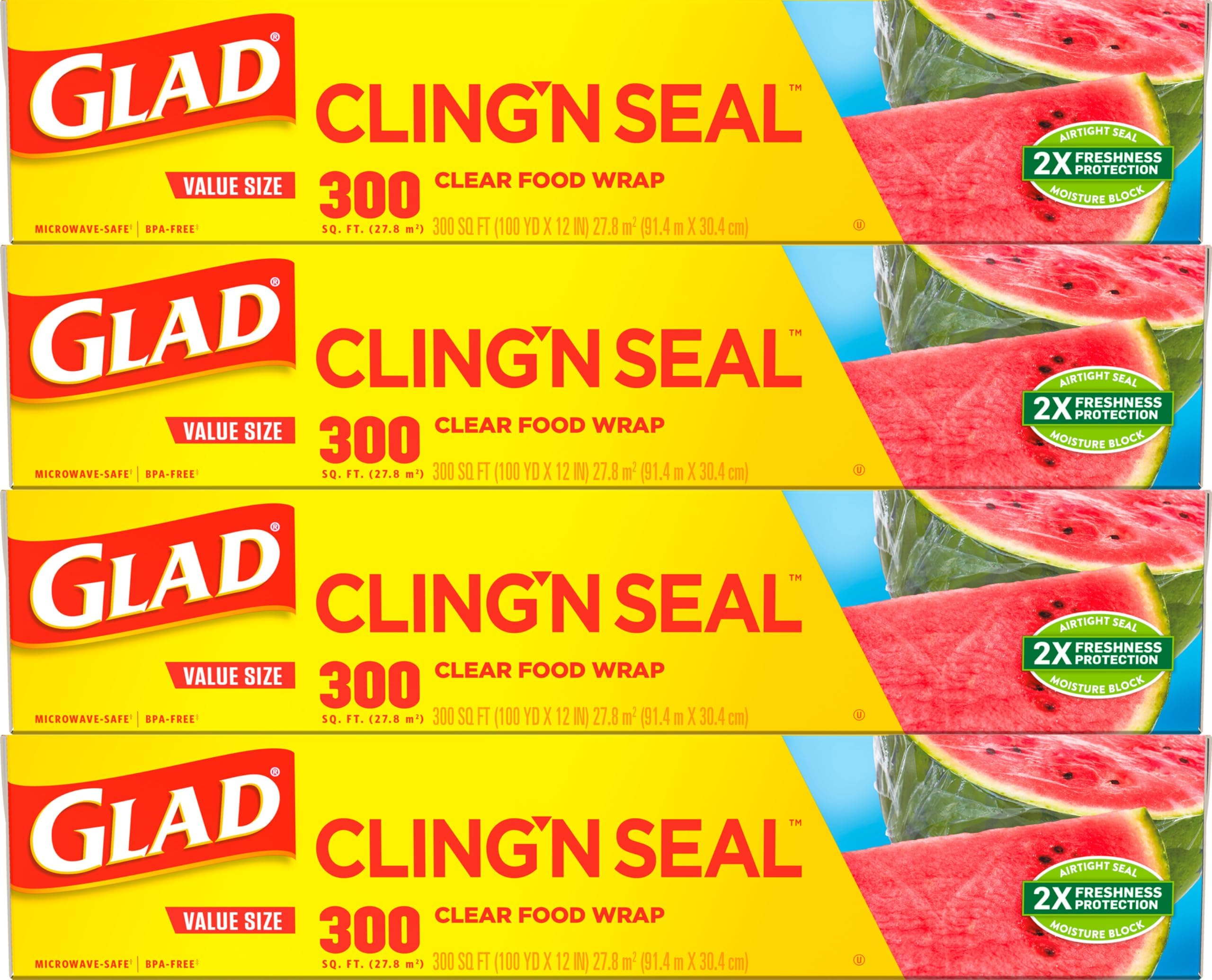Glad Cling N Seal Plastic Wrap for Food, Airtight Seal, 300 Square Foot Roll (Pack of 4)