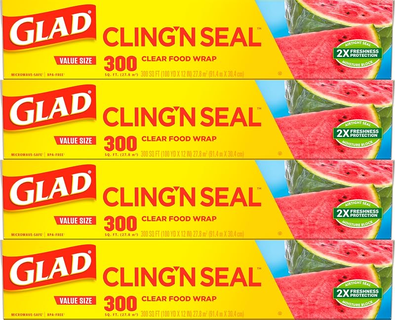 Glad Cling N Seal Envoltura de plástico para alimentos, sello hermético, rollo de 300 pies cuadrados (paquete de 4)