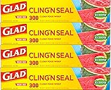 Glad Cling N Seal Plastic Wrap for Food, Airtight Seal, 300 Square Foot Roll (Pack of 4)