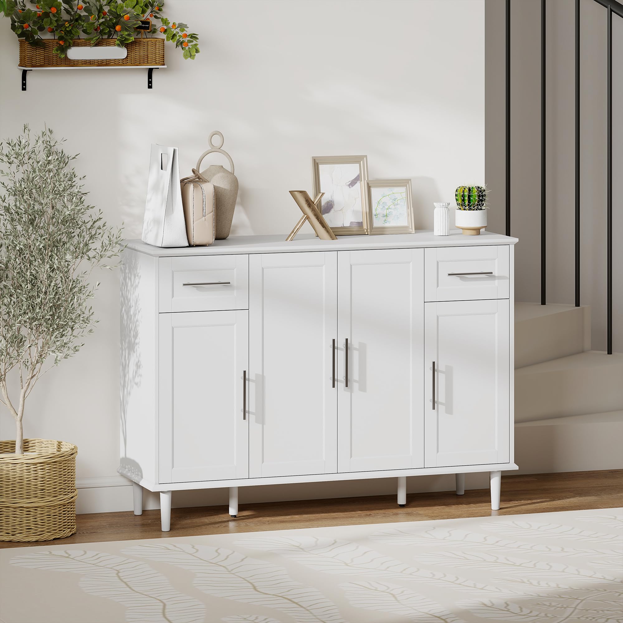 HOMCOM Mobile Soggiorno, 2 Cassetti 3 Armadietti, 120x38x86 cm, Bianco | Credenza Soggiorno, Mobile Cucina120 cm, Ripiani Regolabili, Madia, Gambe in Pino, Sala da Pranzo, Cucina