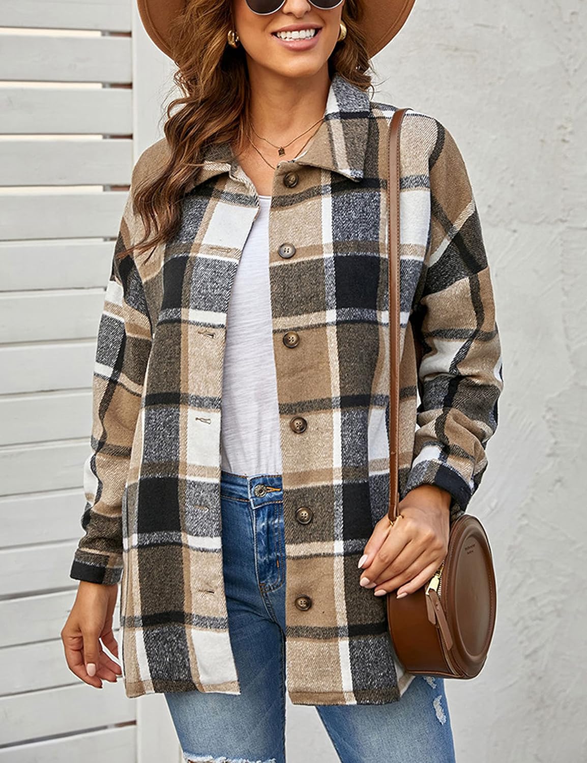 Lumister Women's Casual Color Block Plaid Button Down Shirt Lapel Wool Blend Flannel Plaid Shacket Jacket Coats(0061-Khaki-XXL) - Image 4