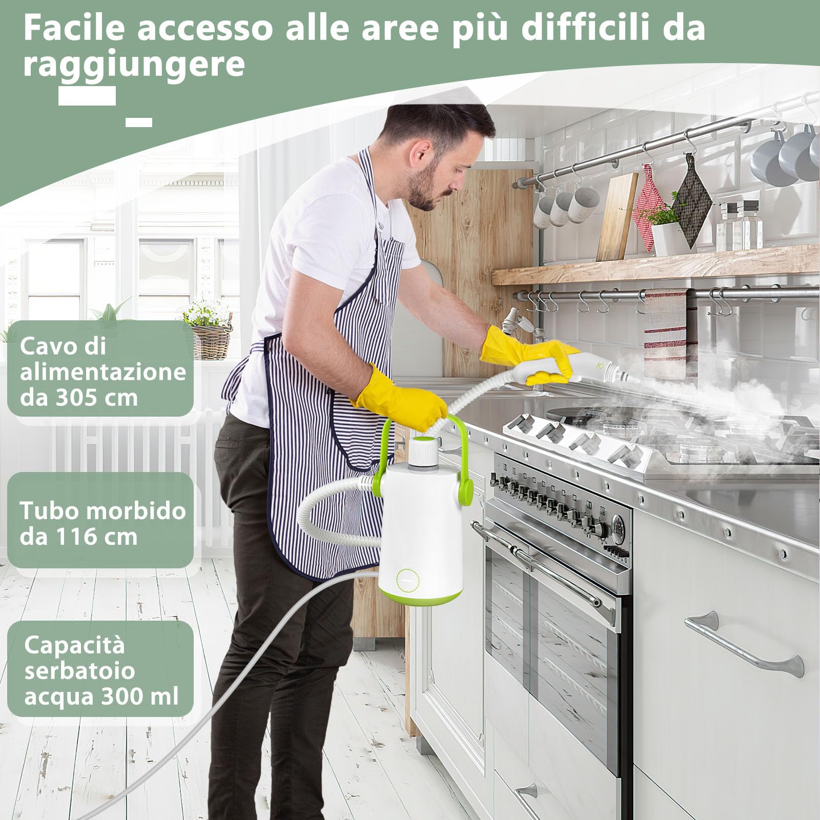 RELAX4LIFE Limpiador a vapor portátil de 1000 W, limpiador multiusos con 10 accesorios, depósito de agua de 300 ml, para suelo de moqueta, cortinas, asientos de coche, cocina, baños (300 ml, verde)