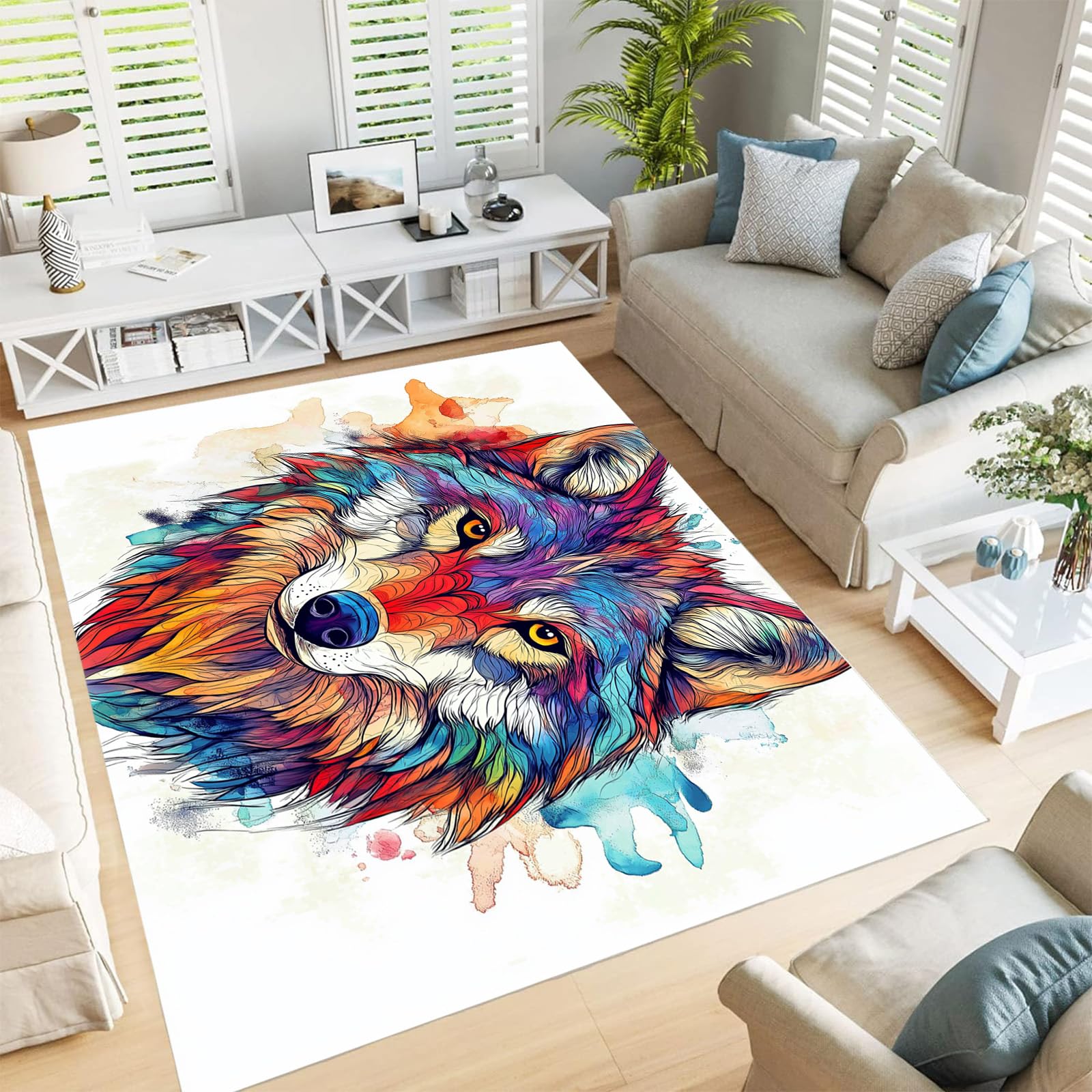 Grand tapis loup à poils courts design artistique orange 180x270cm